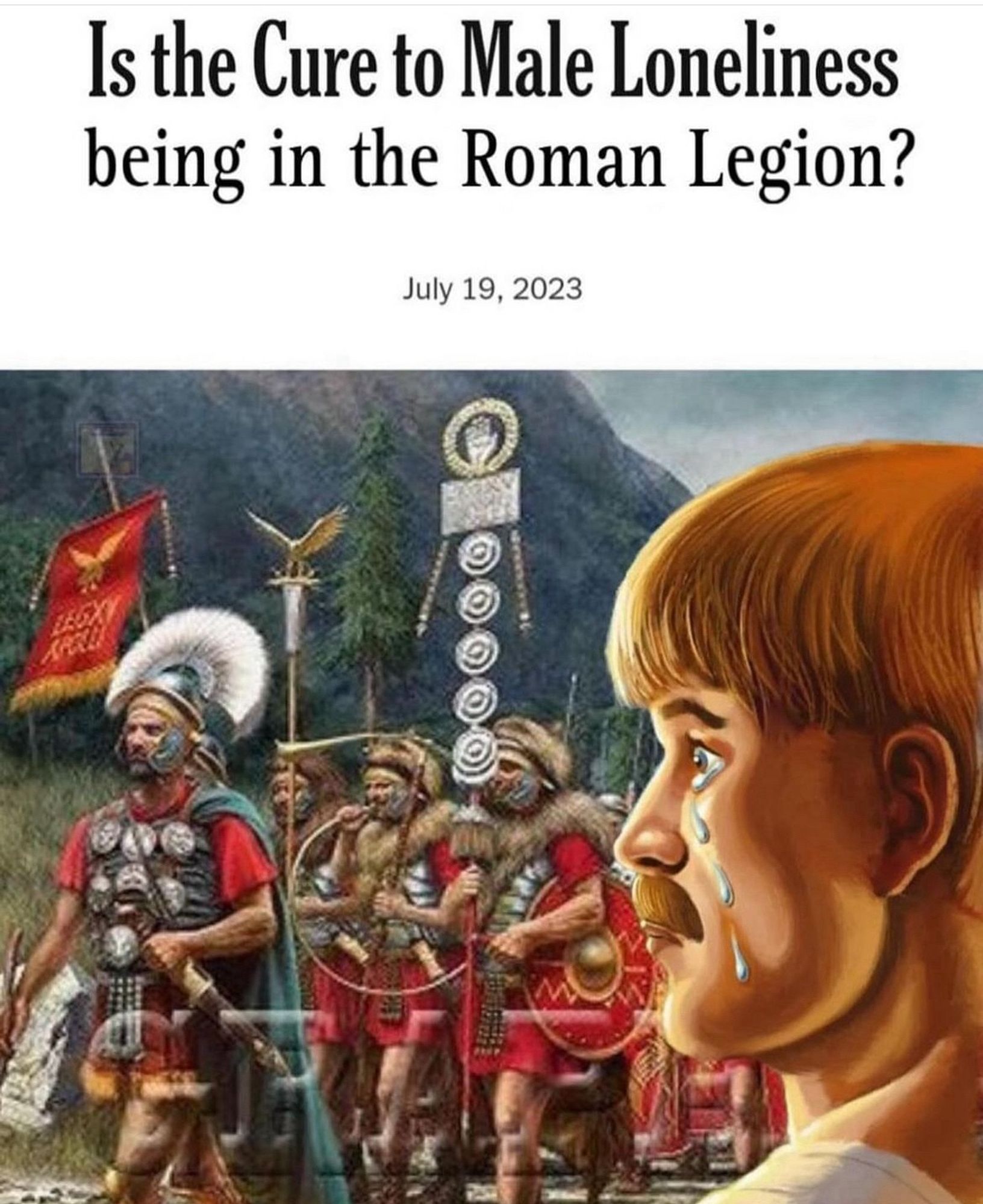 A mustached man weeping as he stares at a Roman legion