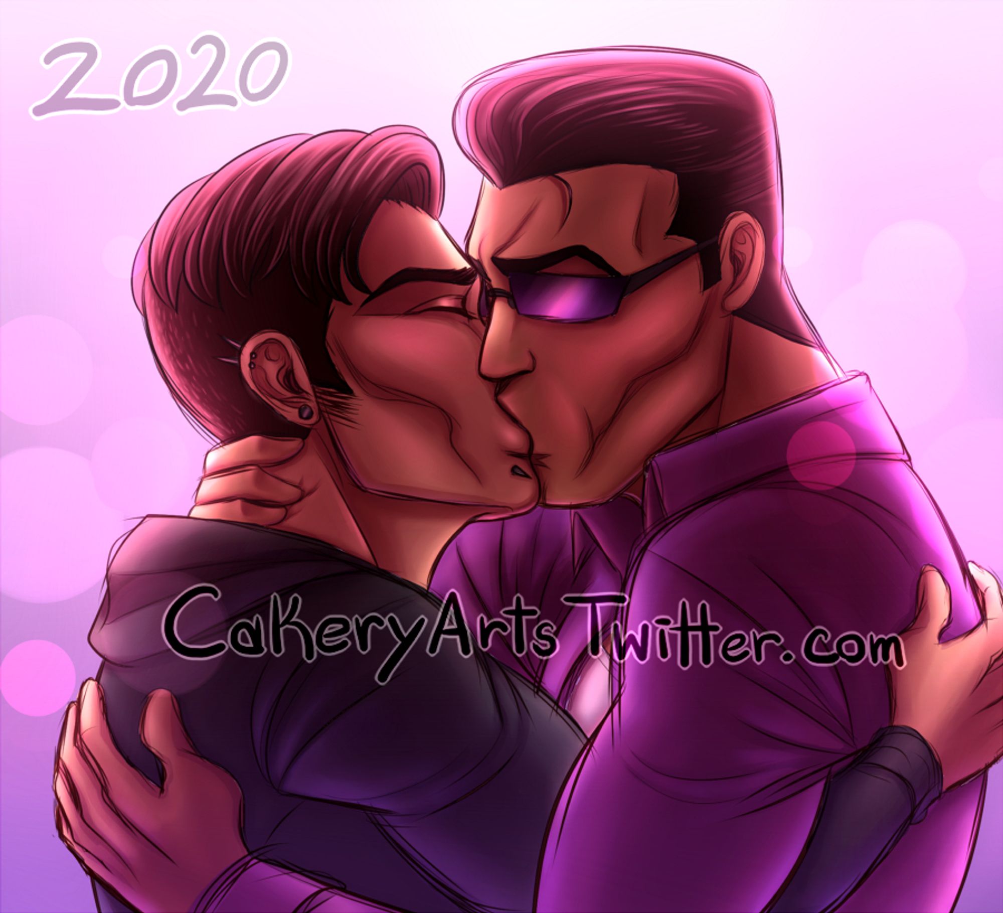 A digital illustration from 2020 of Johnny Gat from Saints row and my male "boss" main character from the game kissing and holding each other with romantic lighting