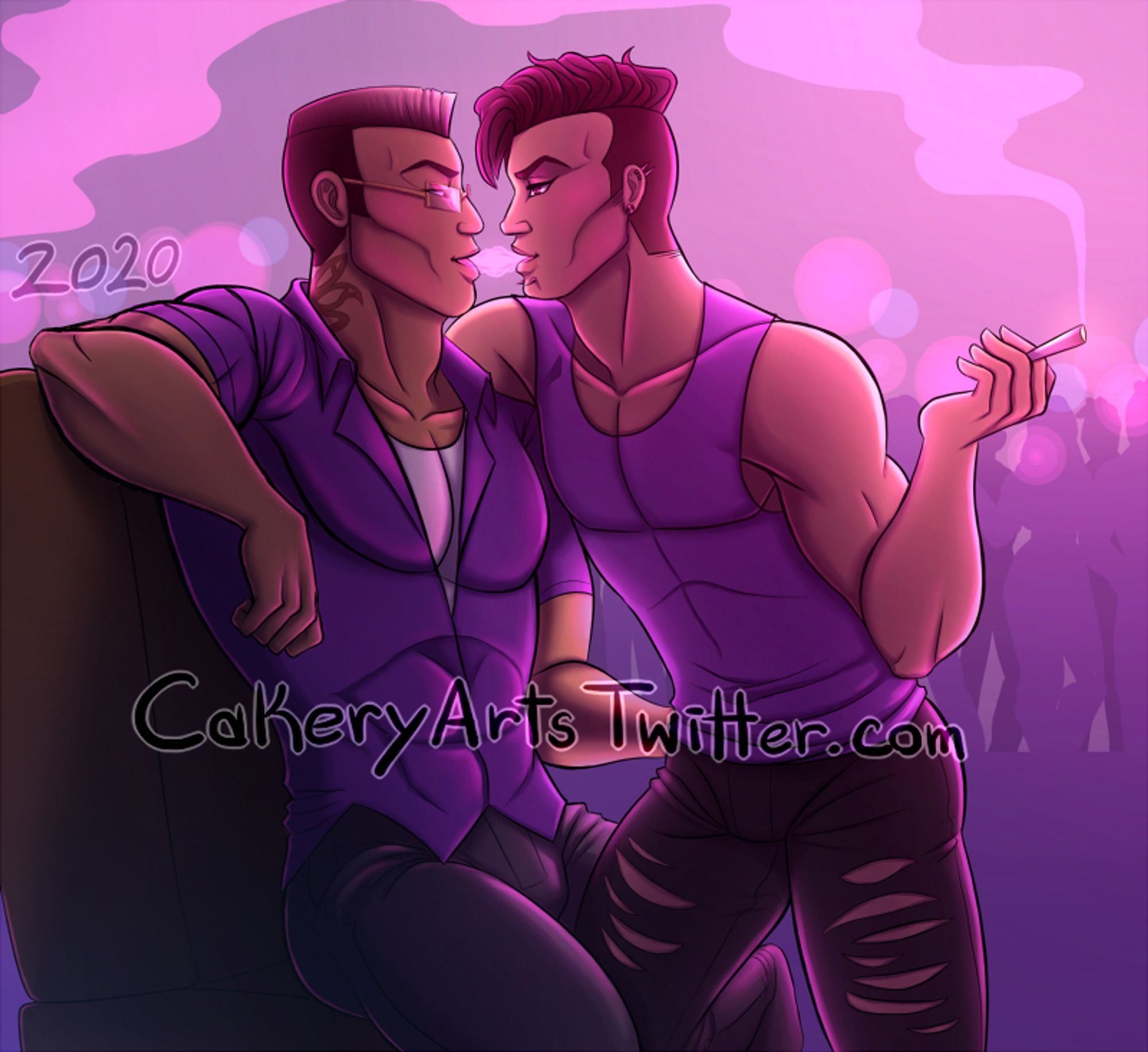 A digital illustration from 2020 of Johnny Gat from Saints Row and my male "Boss" main character from the game in a night club flirting and shotgunning weed smoke in a suggestive manner