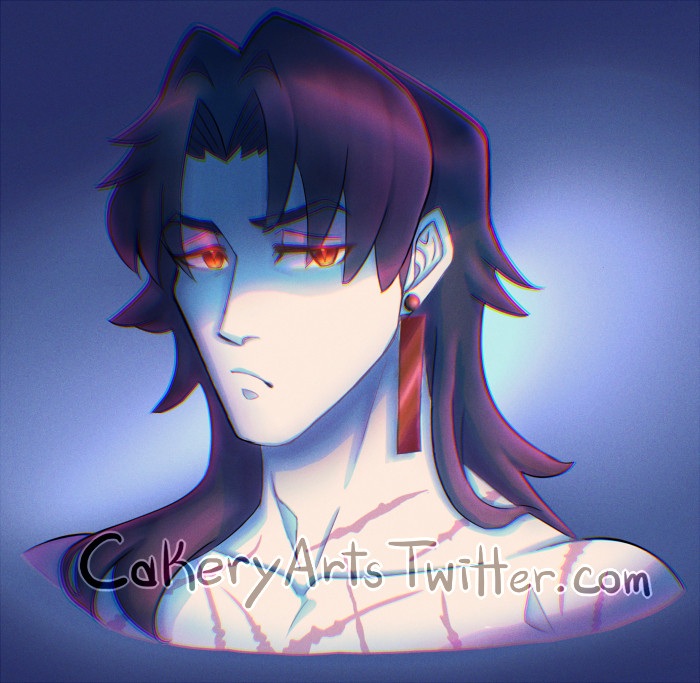 A digital portrait drawing of Blade from Honkai star rail in blue lighting. He's shirtless and grumpy looking.