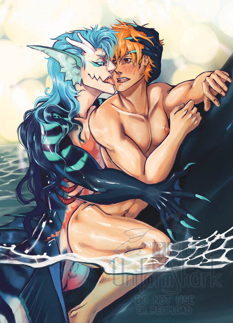 Mer AU. Merman Grimmjow fucking human Ichigo, they are half submerged in the water.