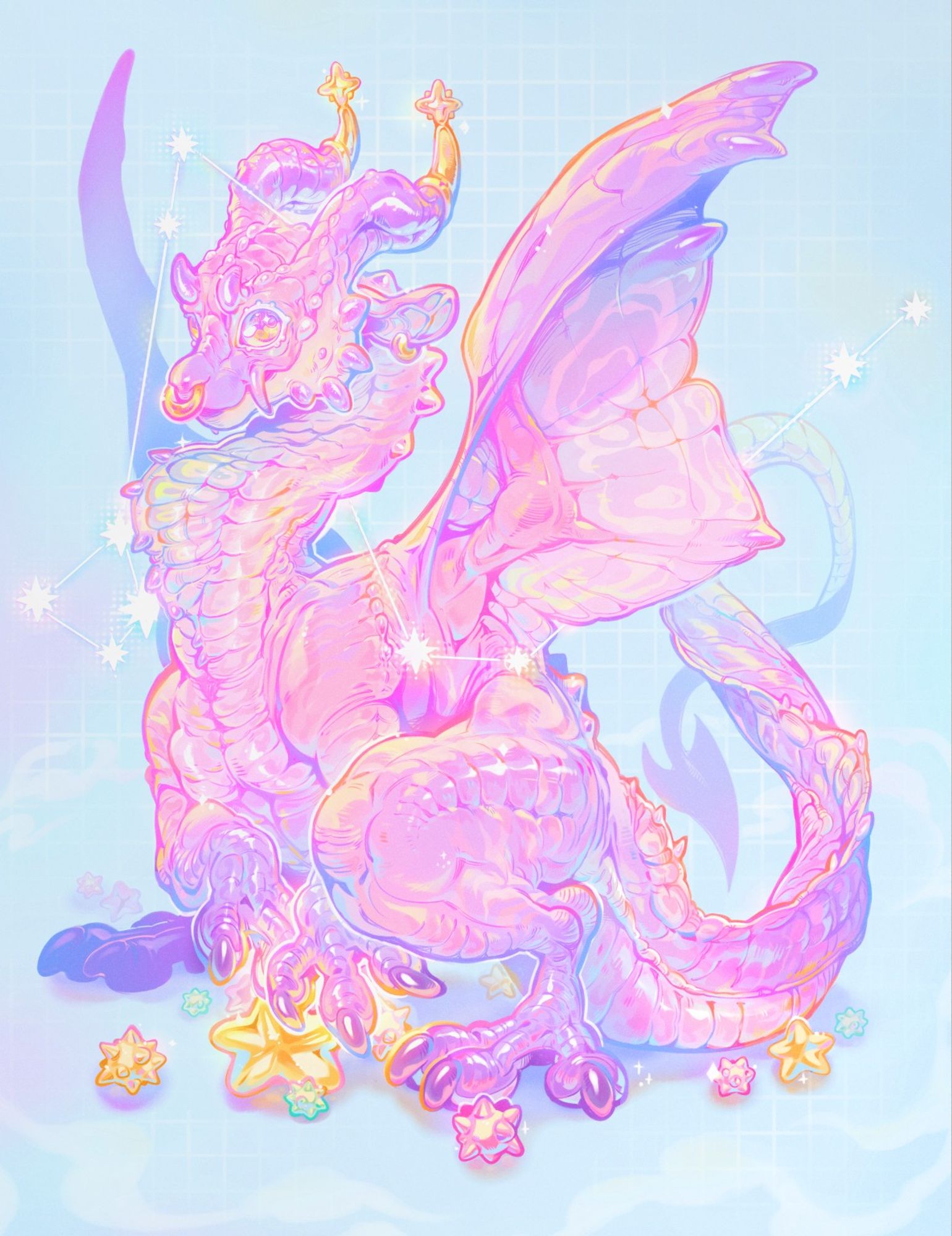 digital drawing of a brightly colored, pink dragon on a pastel blue background. The dragon is sitting on its hind legs, protecting a small amount of differently shaped and colored stars that are under its front paws and scattered on the ground around the dragon.