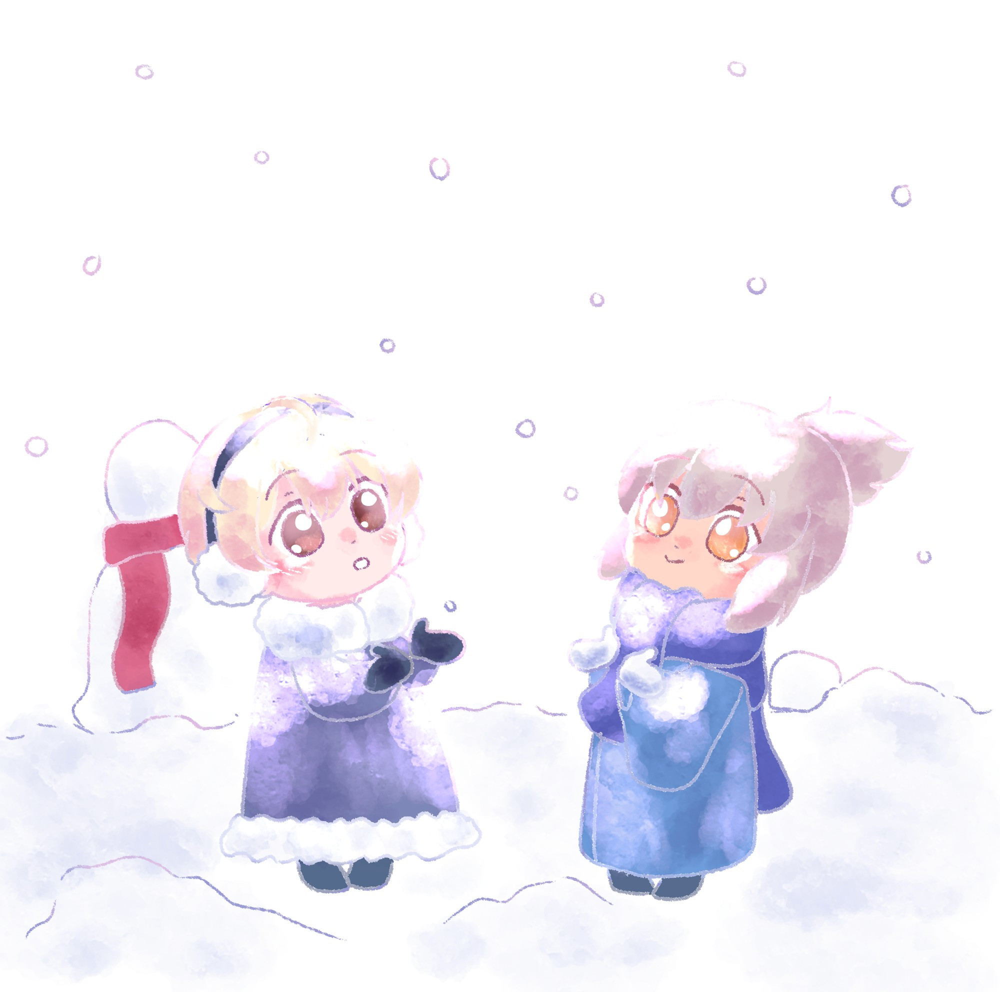 drawing of leo and takumi from fire emblem fates- they are children and playing in the snow