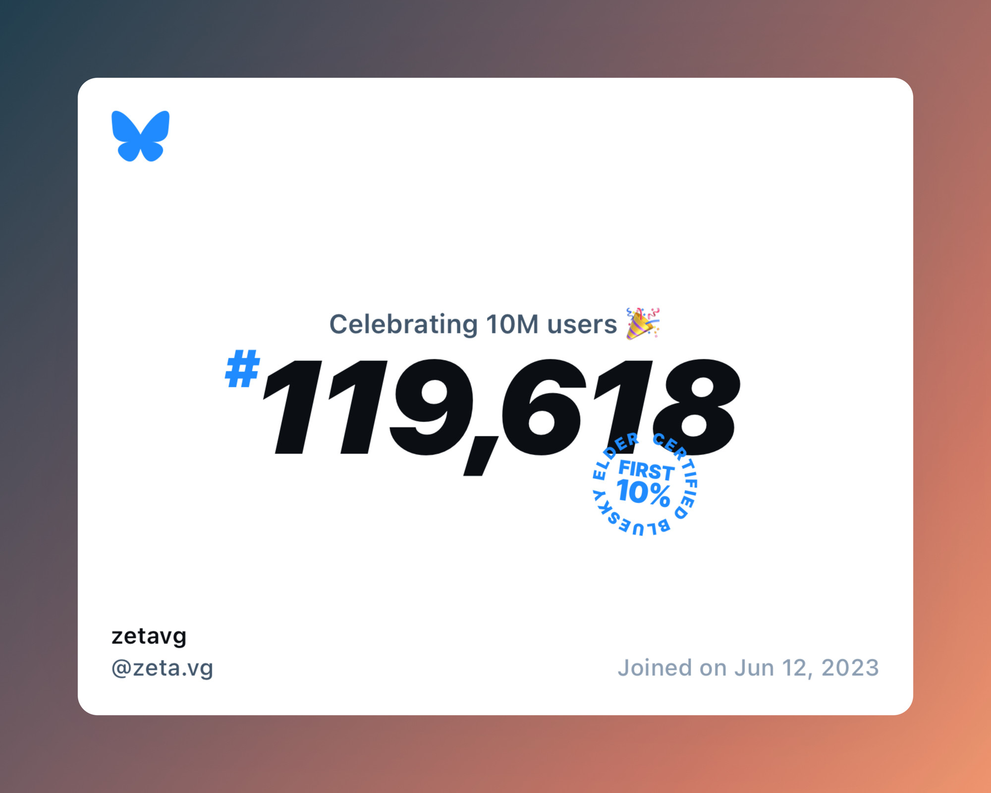 A virtual certificate with text "Celebrating 10M users on Bluesky, #119,618, zetavg ‪@zeta.vg‬, joined on Jun 12, 2023"