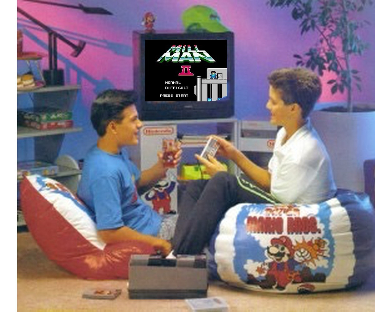 Two youths with the coolest living room I have ever seen, playing a Nintendo game. The title screen on the tv says Mega Man II - wait, hold up! It says MILL MAN II