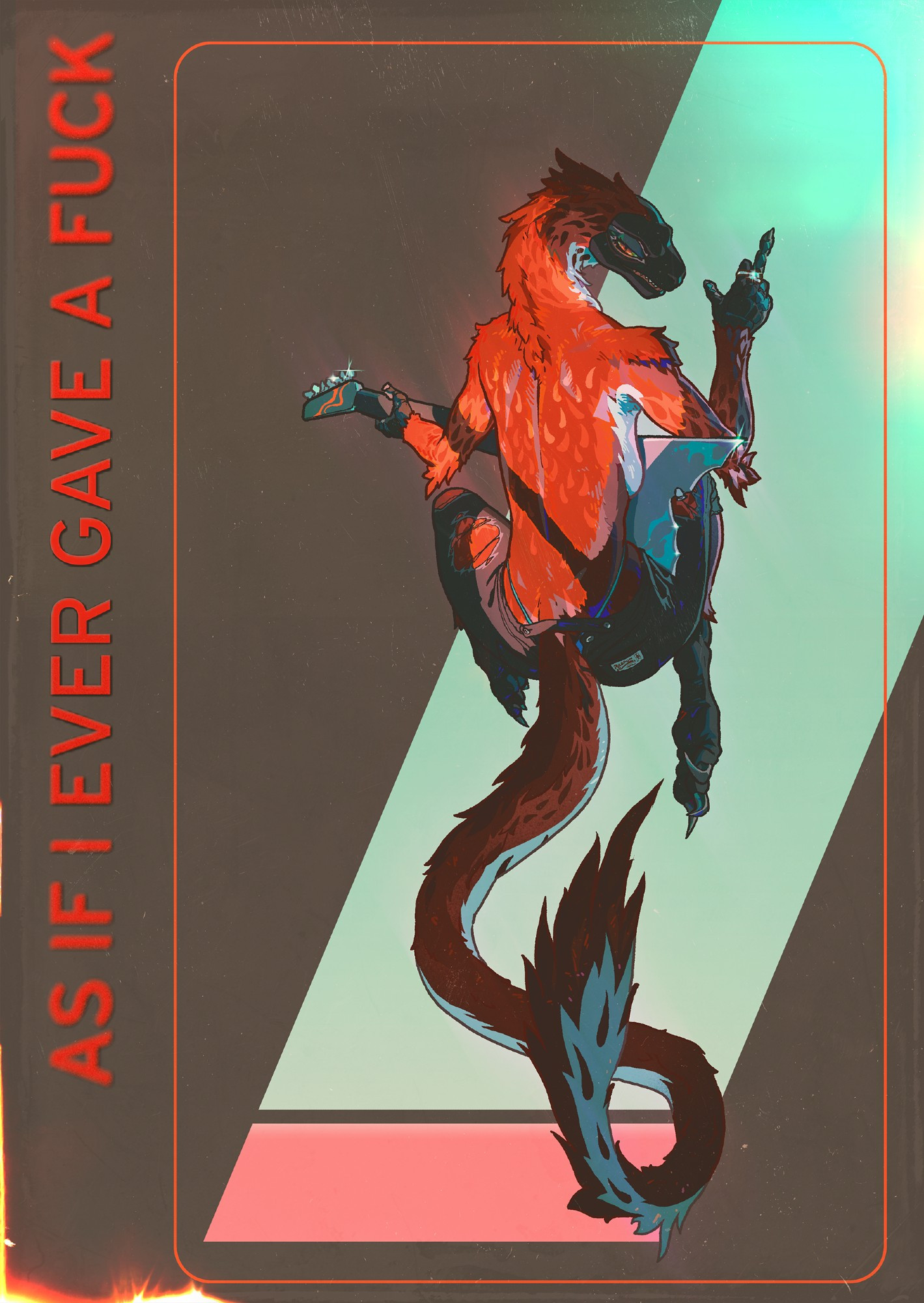 Izalis, a Utahraptor with bright red and orange feathering, is topless, and has her back turned to the viewer. With a half-grin, her neck is turned back to face the viewer, with her right arm raised to give the middle finger gesture, her rings gleaming in the sunlight, as she rests her V-shaped guitar in her lap. She wears ripped jeans, and her tail dangles down into the shadows. A caption on the side reads "AS IF I EVER GAVE A FUCK".