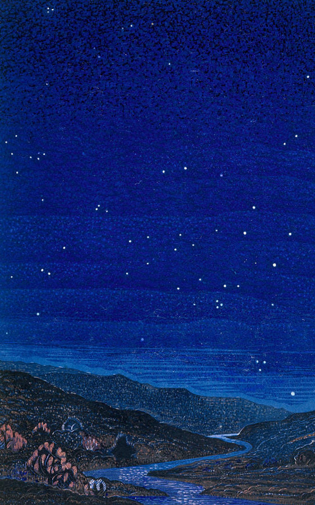 Nocturnal Landscape, illustration from Rudyard Kipling's 'Kim', 1930 by François-Louis Schmied (1873-1941)
Paysage nocturne 
grand ciel étoilé bleu, des silhouettes de montagnes et un ruisseau qui coule au milieu