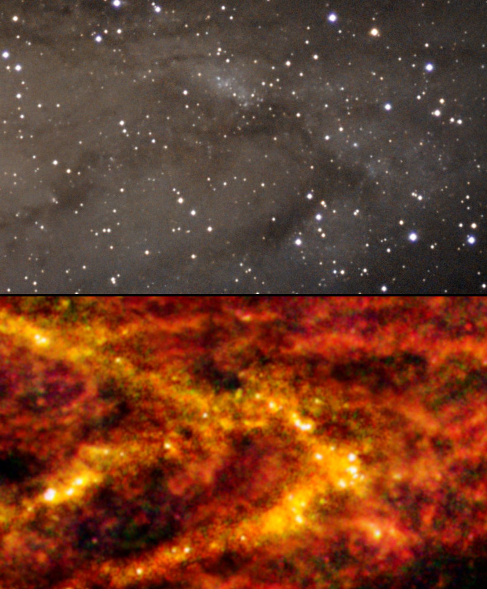 Zoomed-in regions from either image. The darker structures in the visible-light image (top) have the same shape as the brighter structures in the far-infrared image (bottom).