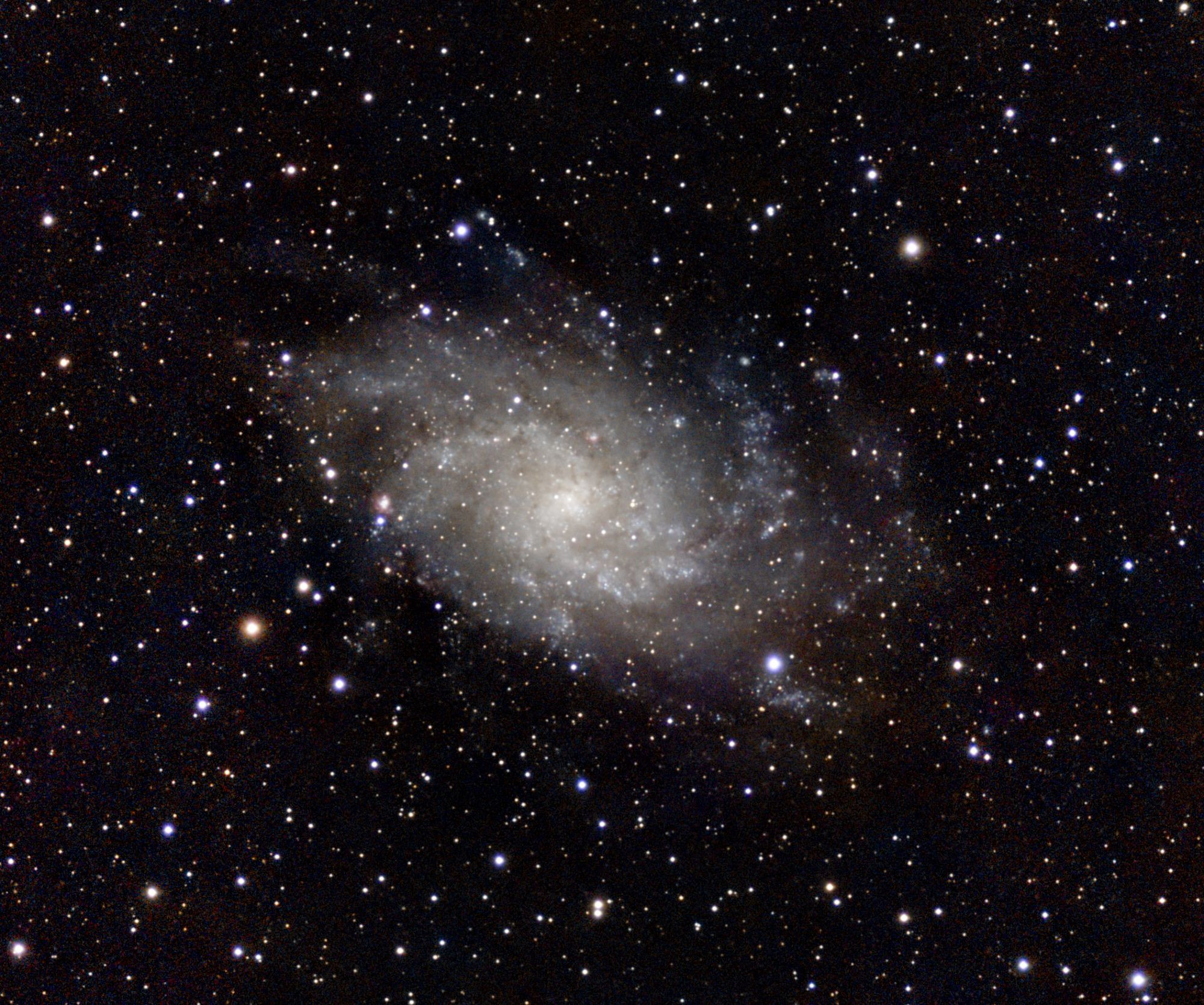 Swirly, fluffy galaxy with more yellow middle and slightly blueish outer regions in the center of the image, surrounded by black sky with blueish and orange-ish stars.