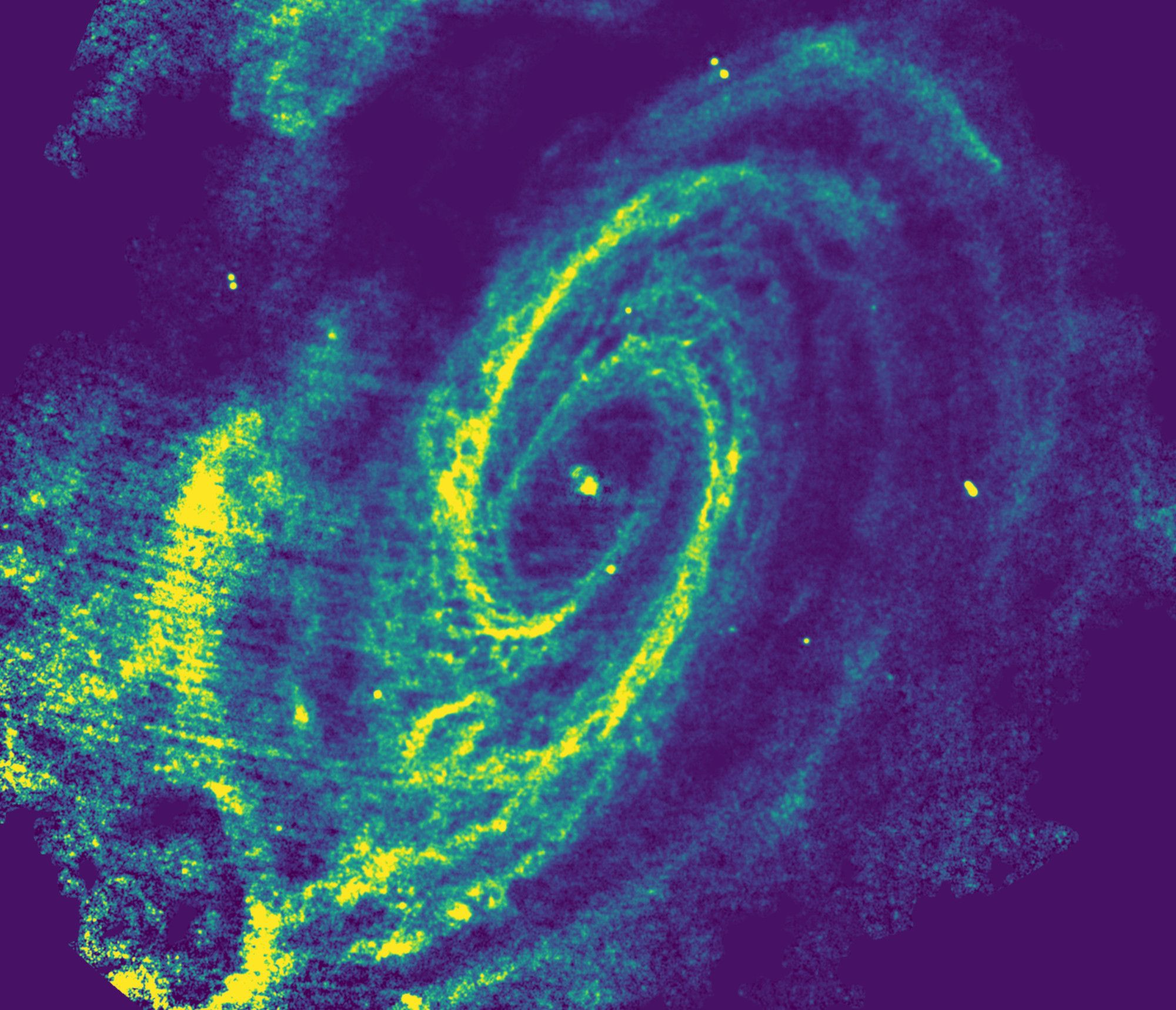 Spiral swirl in front of darker background, larger than the other galaxy picture. From data of the THINGS survey, Walter et al. 2008