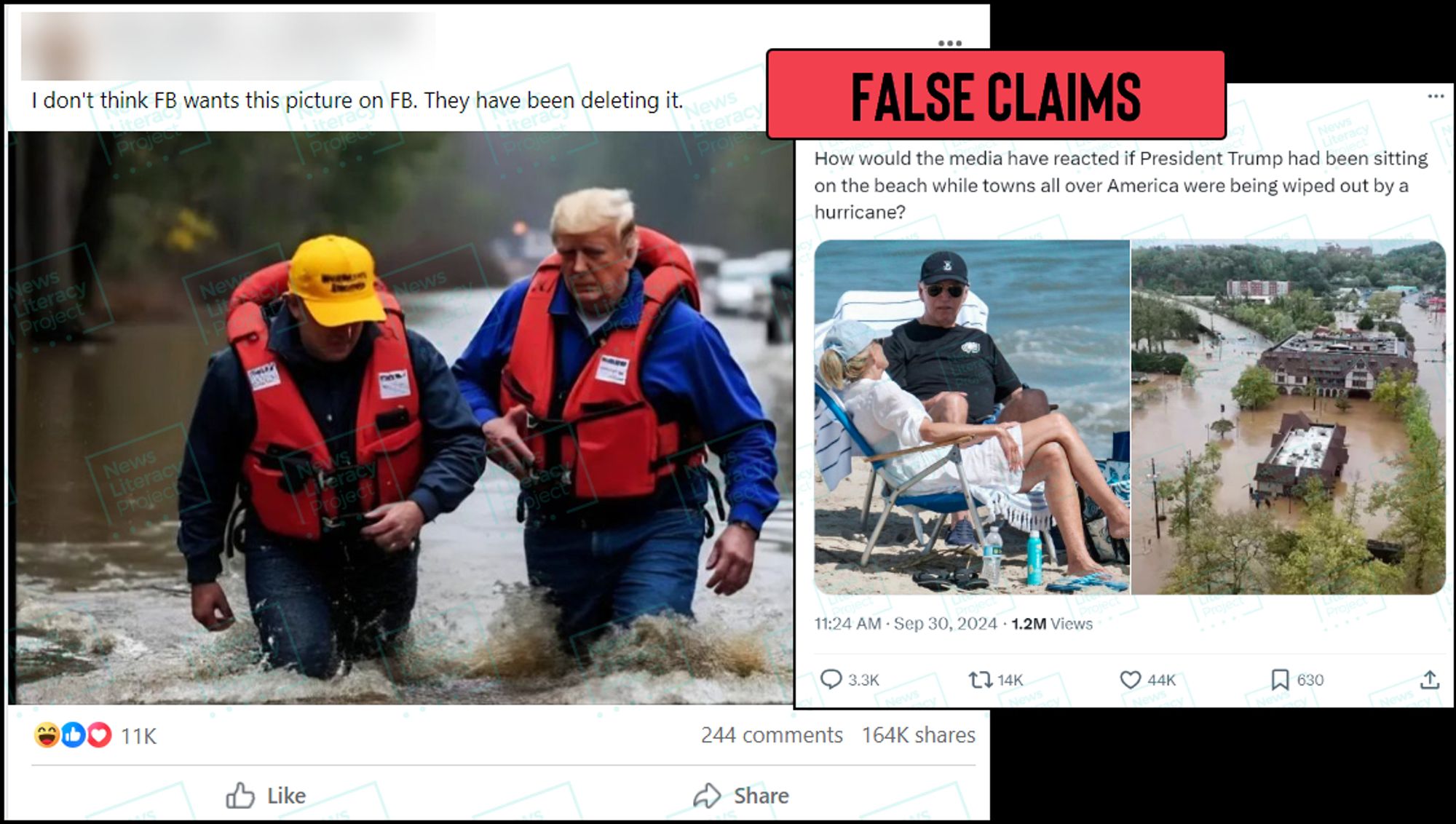 A collage of two social media posts. The first reads, “I don’t think FB wants this picture on FB. They have been deleting it,” and shows an AI-generated image of former President Donald Trump walking through floodwaters. The second post reads, “How would the media have reacted if President Trump had been sitting on the beach while towns all over America were being wiped out by a hurricane?” and shows an image of President Joe Biden on a beach next to a second image of a flooded town. The News Literacy Project has added a label that says “FALSE CLAIMS.”