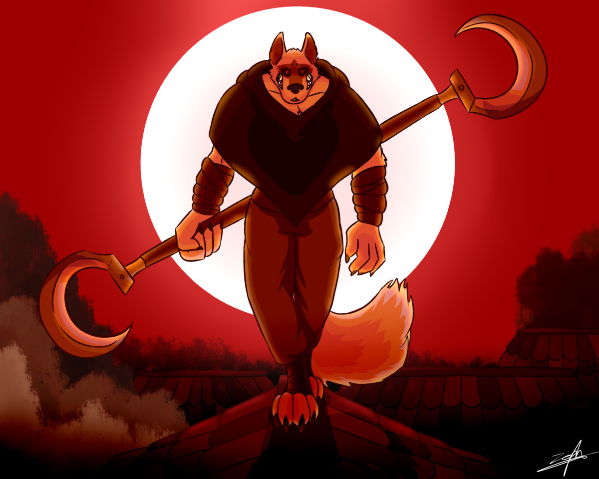 Digital drawing of the character Lobo from Puss in Boots: The Last Wish walking towards the viewer menacingly, holding his dual scythe in hand. The background are rooftops, with a red hue on all of them and a big white moon framing the contour of Lobo.