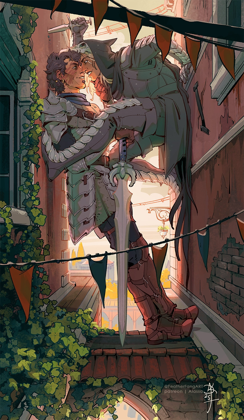 An illustration featuring Zevran Arainai and Warden Ulric Cousland from Dragon Age Origins sort of squished in -- what appears to be a second level of backalley?? SORT OF? Because this is how Zevran tells this story anyway.

The whole scene is set into Antiva - so the architecture is stylized to look like Venice with the red and teal tones, white ledges and cracked walls.

Ulric - the warrior with a massive scar on his face, is standing on some sort of convenient portal in the alley, leaning against the wall, while Zevran, the blond elven rogue dressed in a cape slid (or climbed? one never knows with Zev) down the alley and his holding himself up in between the two walls, dagger stabbed on one side above Ulric's head for leverage. Their faces are *very* close to each other, about to kiss, Ulric caressing Zev's chin playfully. The sun is lighting up Zev's hair.

The alley is partly overgrown by ivy. In the foreground there are little ropes with little flags.