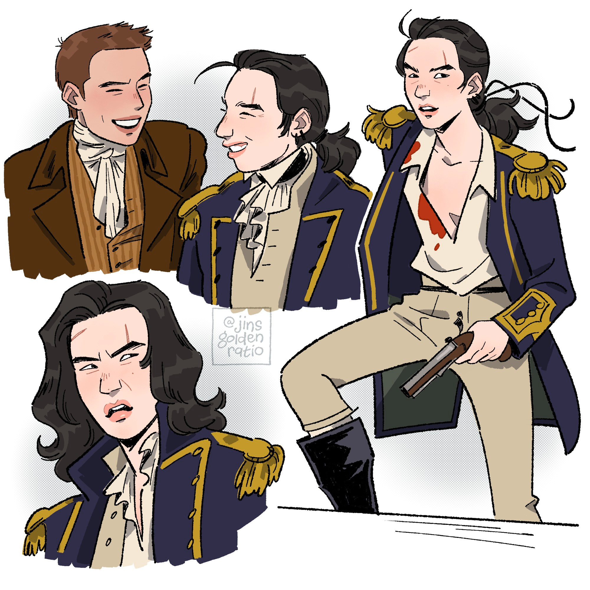 bts x master & commander: various poses of yoongi (as aubrey) and namjoon (as maturin)