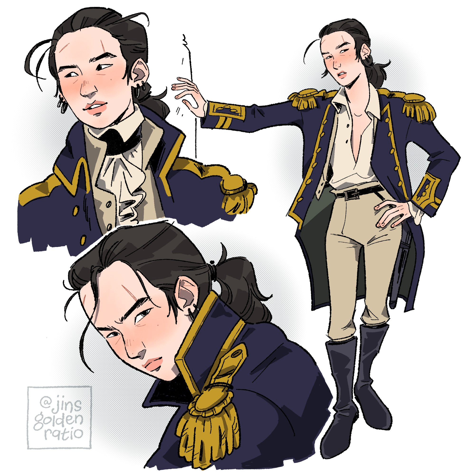 bts x master & commander: various poses of yoongi as capt. jack aubrey