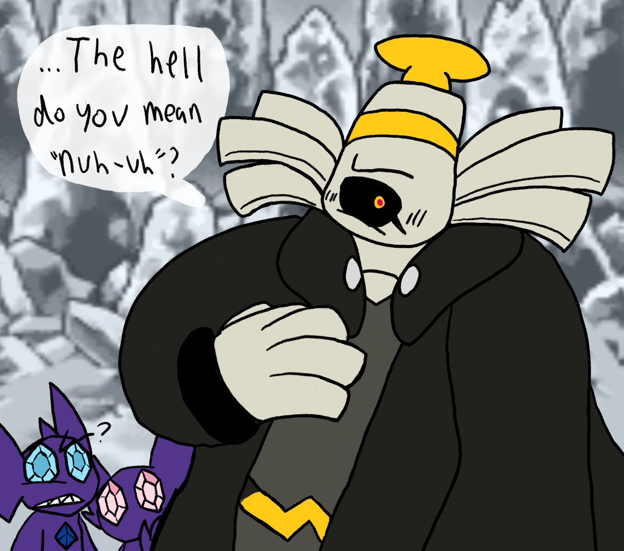 Same picture as the first, but Dusknoir looks offended, flustered, and is clutching his chest. The Sableye are now confused and one of them is looking at him questioningly. Dusknoir says "... The hell do you mean 'nuh-uh'?"