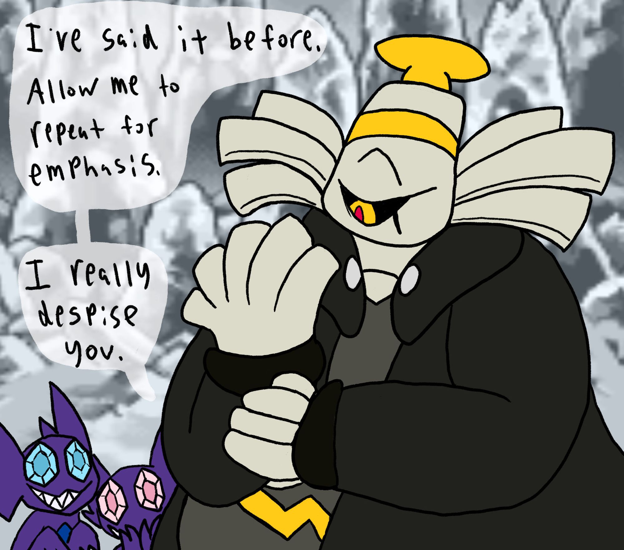 Dusknoir from PMD2 in Icicle Forest. He has a smug expression and is straightening his coat. Two Sableye giggle and grin behind him. He is saying "I've said it before. Allow me to repeat for emphasis. I really despise you."