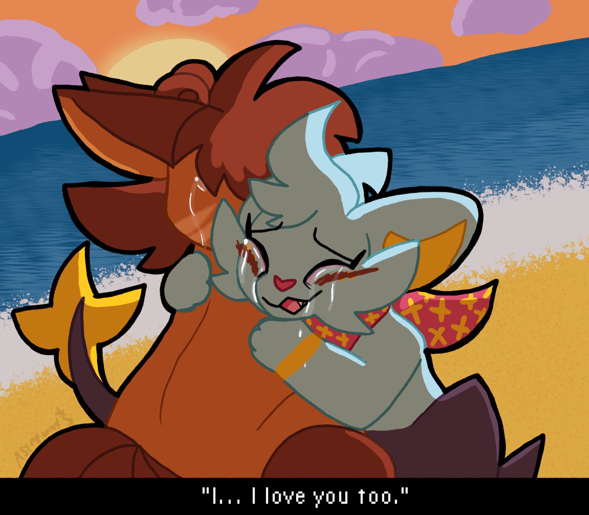 Rin the Vulpix and Nimbus the Shinx embrace on the beach at sunset. Only Nimbus's face is visible. They grasp Rin tightly and are sobbing profusely, her eyes already worn from crying. Rin accepts the hug, tears also falling down her face.