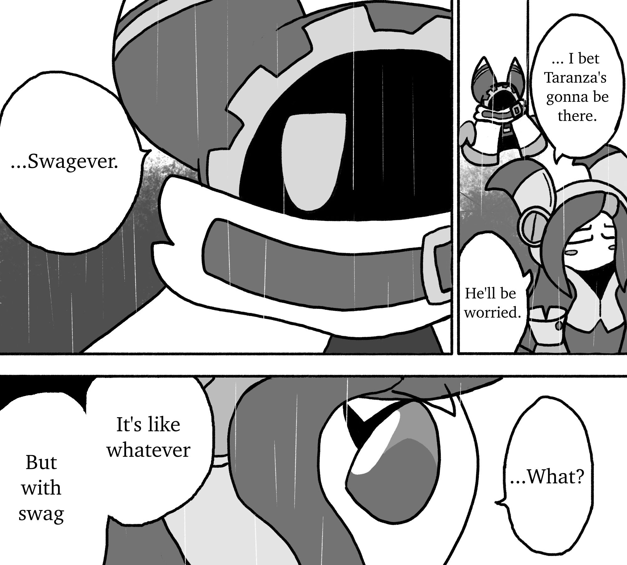 A Kirby parody of the "Swagever" manga edit of Puella Magi Madoka Magica's Wraith Arc. 

1st panel: Susie and Magolor stand contemplatively in the rain. Susie looks down and says "... I bet Taranza's gonna be there. He'll be worried." 

2nd panel: Close up on Magolor's bored, dismissive face. He says "... Swagever."

3rd panel: Close up on Susie's annoyed face. She says "... What?" Magolor replies "It's like whatever - But with swag."