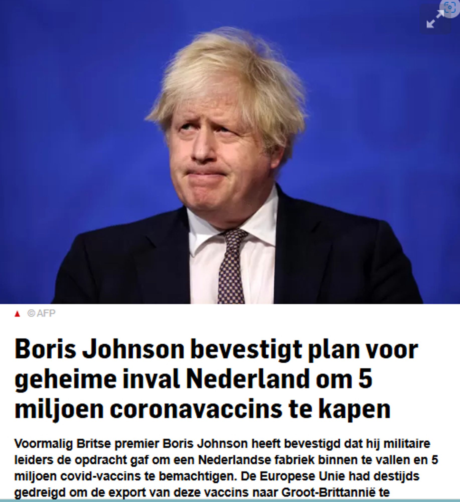 Kop van een artikel in de Geldelander over Boris Johnson die in 2021 van plan was om 5 miljoen coranavaccines te kapen.