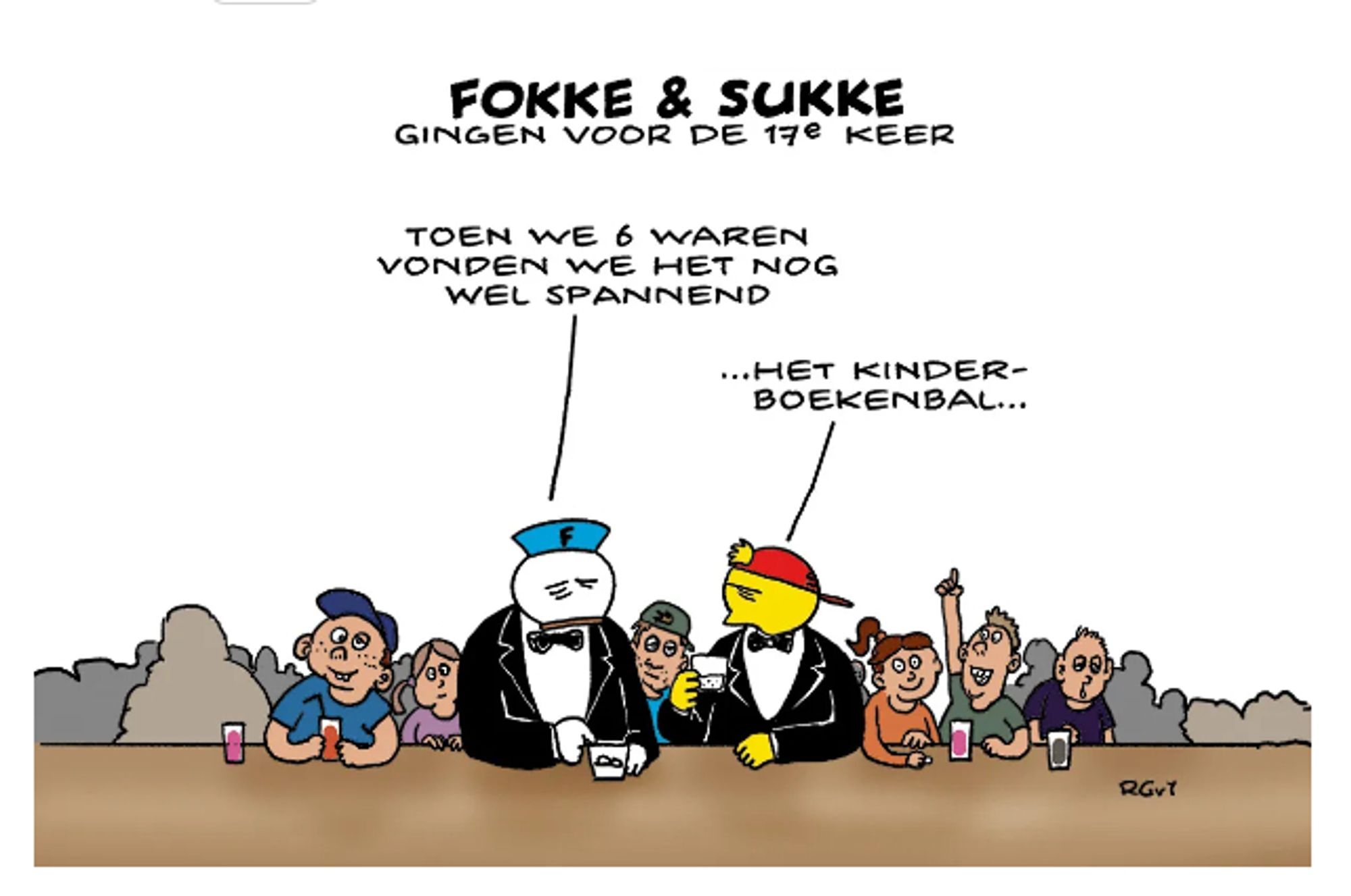 Fokke en Sukke, in avondkleding, aan de bar zittend, met een kop koffie in de hand en een hele meute kinderen met limonade om zich heen, gingen voor de 17de keer.
Toen we 6 waren, vonden het nog wel spannend, zegt Fokke. Het kinderboekenbal, antwoordt Sukke.