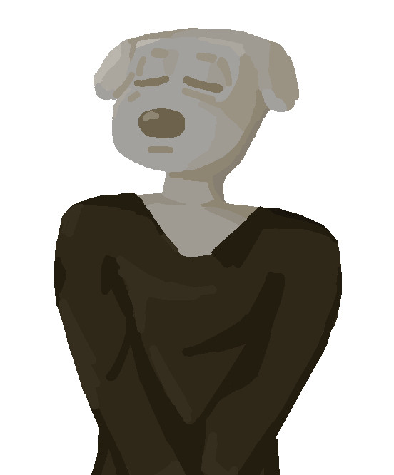 beige dog furry wearing a brownish-green shirt with a contemplative look