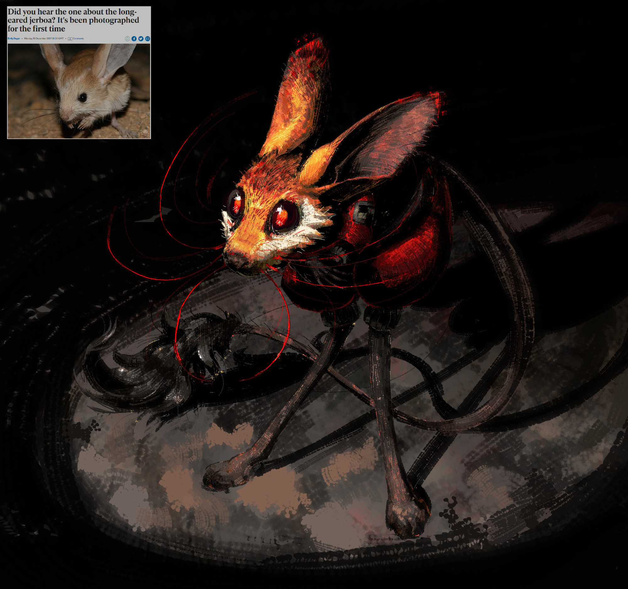 Digital drawing depicting Tangotek as a blond long-eared jerboa with red eyes, alot of red whiskers, and some tips of her fur on her face and tips of her ears being bright red. Tango wears a miniature of Tango's usual clothes fit to be worn by jerboa. She stands in the circle of light, everything else is pitch black, whole drawing has harsh lighting with black shadows. In the top left corner is screenshot of news article with title "Did you hear the one about the long-eared jerboa? It's been photographed for the first time" and a photo of long-eared jerboa.