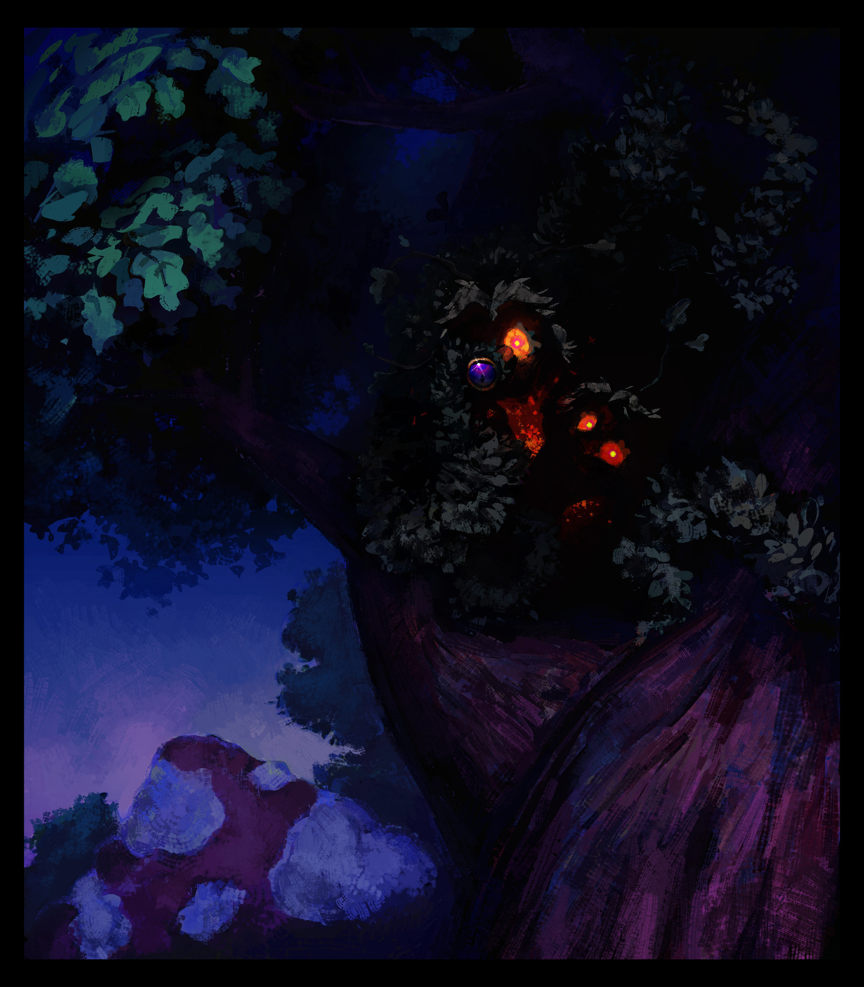 Digital drawing of Zedaph as two headed creaking with mossy coat and three tentacle-like hanging moss arms. He is looking directly at viewer in the pitch black shadow of a dark oak tree at night, wrapping two of his hands around the trunk and a branch. His orange eyes and insides are contrasting with surrounding cool tones. He has a spyglass near one of his faces that is moved slightly away.