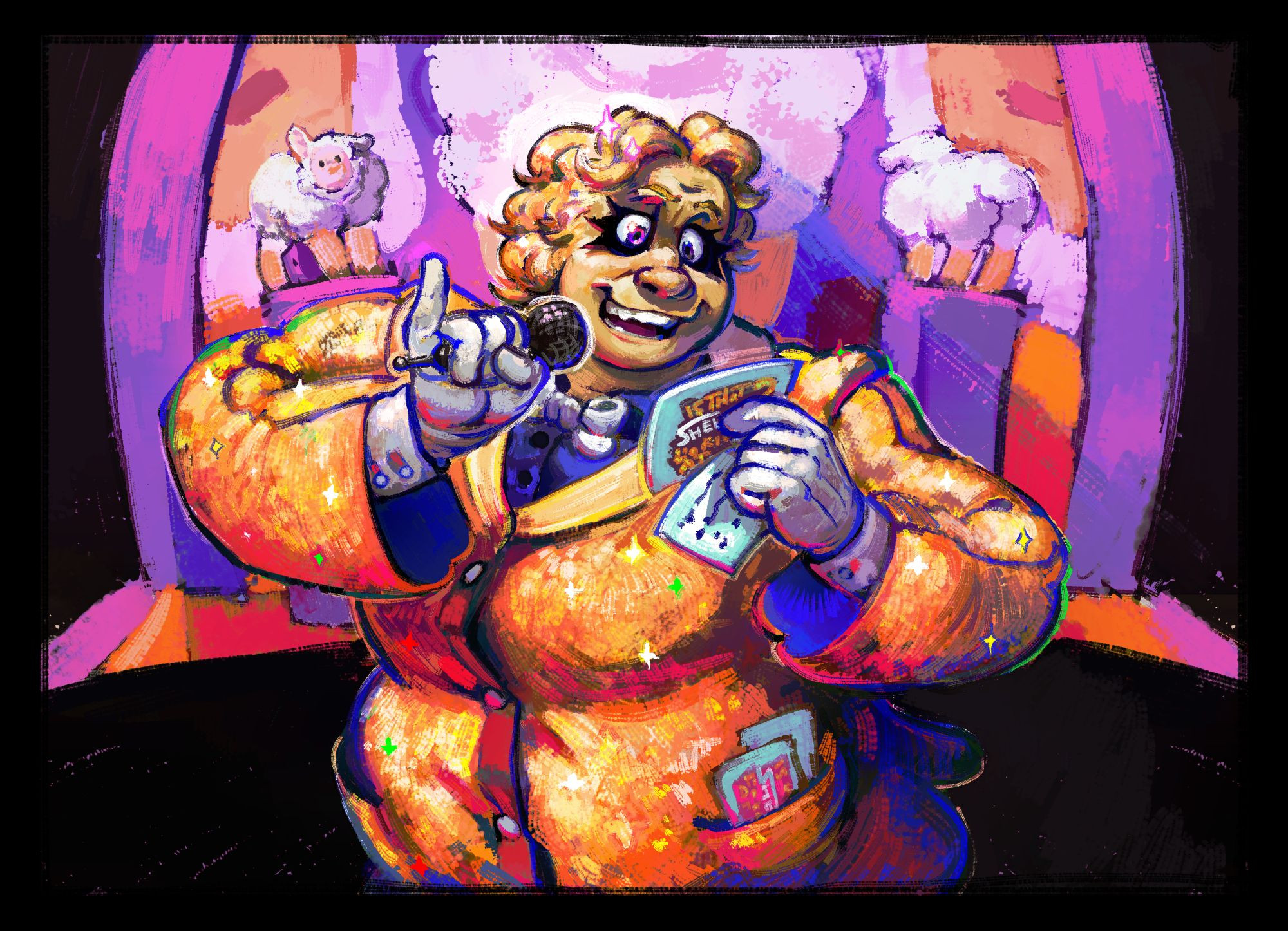 Digital drawing of Zedaph in a fancy gold and blue suit reading of a little paper into wireless microphone. Little paper has "Is That Sheep Looking At Me?" logo on its back. Behind Zed is a purple and orange stage on black background with two sheep on pedestals. Sheep on the left is looking at Zed with one ear up, sheep on the right is turned away and is looking at the wall.