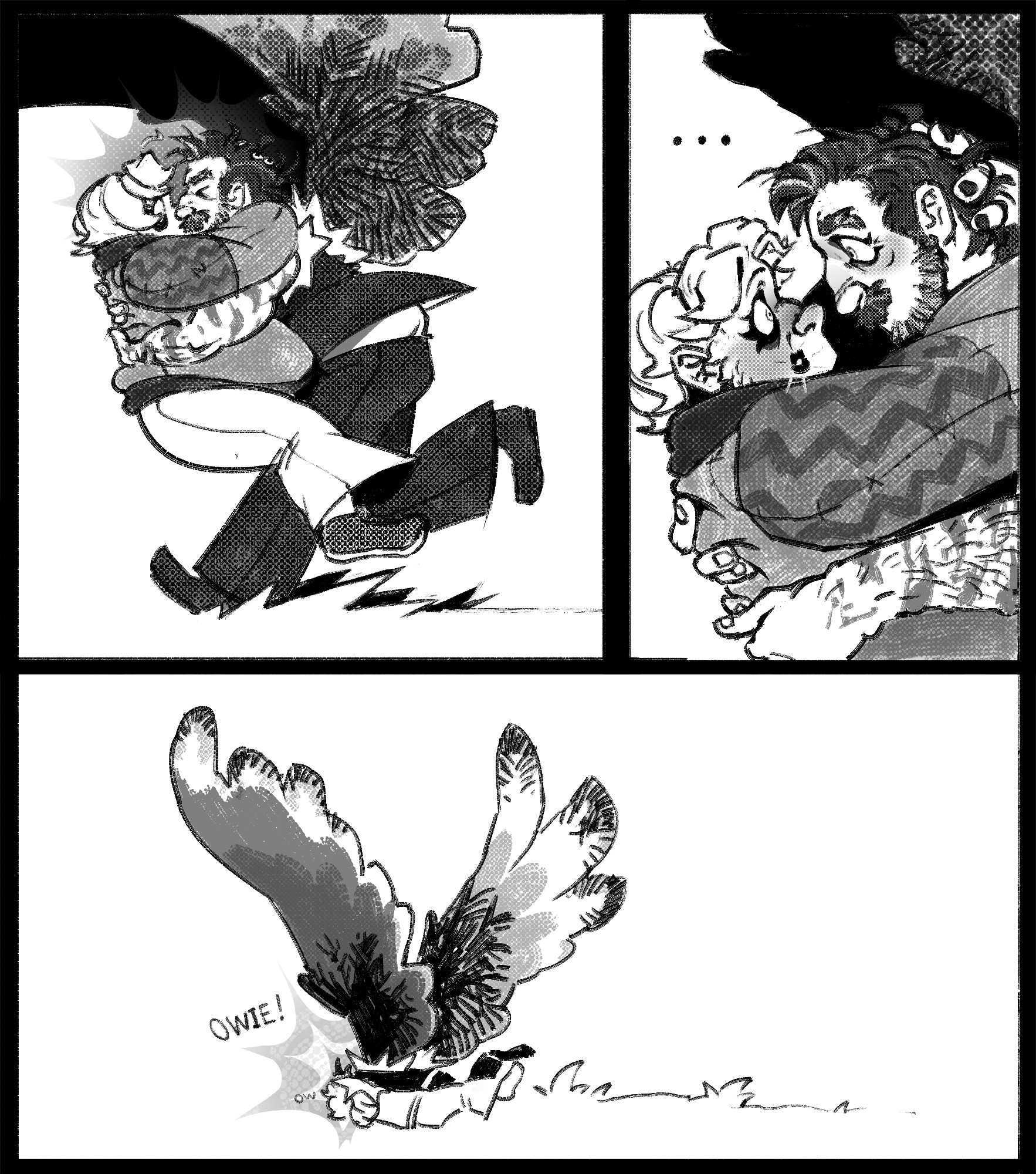 Continuation of the previous drawing, done as black and white comic with 3 panels. First panel shows Skizz plowing with his feet through grass trying to stop, accidentally lifting up and kissing Zed in the process. Second panel shows both of them looking at each other in realization that Skizz kissed Zed. There is dark kiss mark on Zeds cheek. Last panel shows them falling on the ground, Skizzes wings up right in the air and trail of torn grass behind them. There is big text saying "OWIE!" and small text saying "ow".