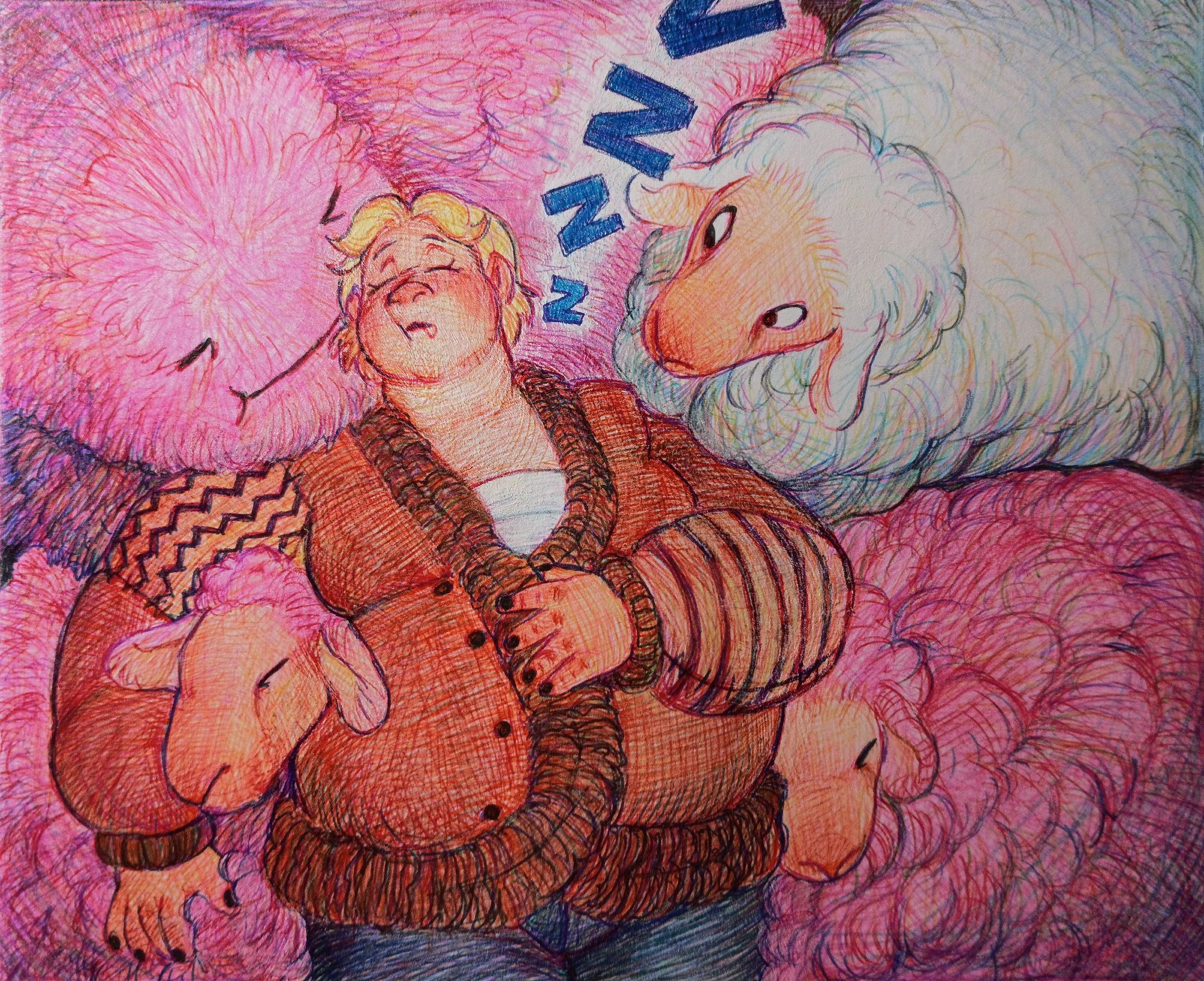 Photo of a drawing made with colored pens and pencils. It is a top down view of Zedaph sleeping with two pink sheep and Willy, big woolly pink worm with a simple face, snuggled around him. There is also a white sheep in the top right corner looking down at Zed, and blue z's flying up one after another. Zedaph is a fat guy with light to tan skin and short blond hair, he wears a brown cardigan with white t-shirt underneath and blue pants.