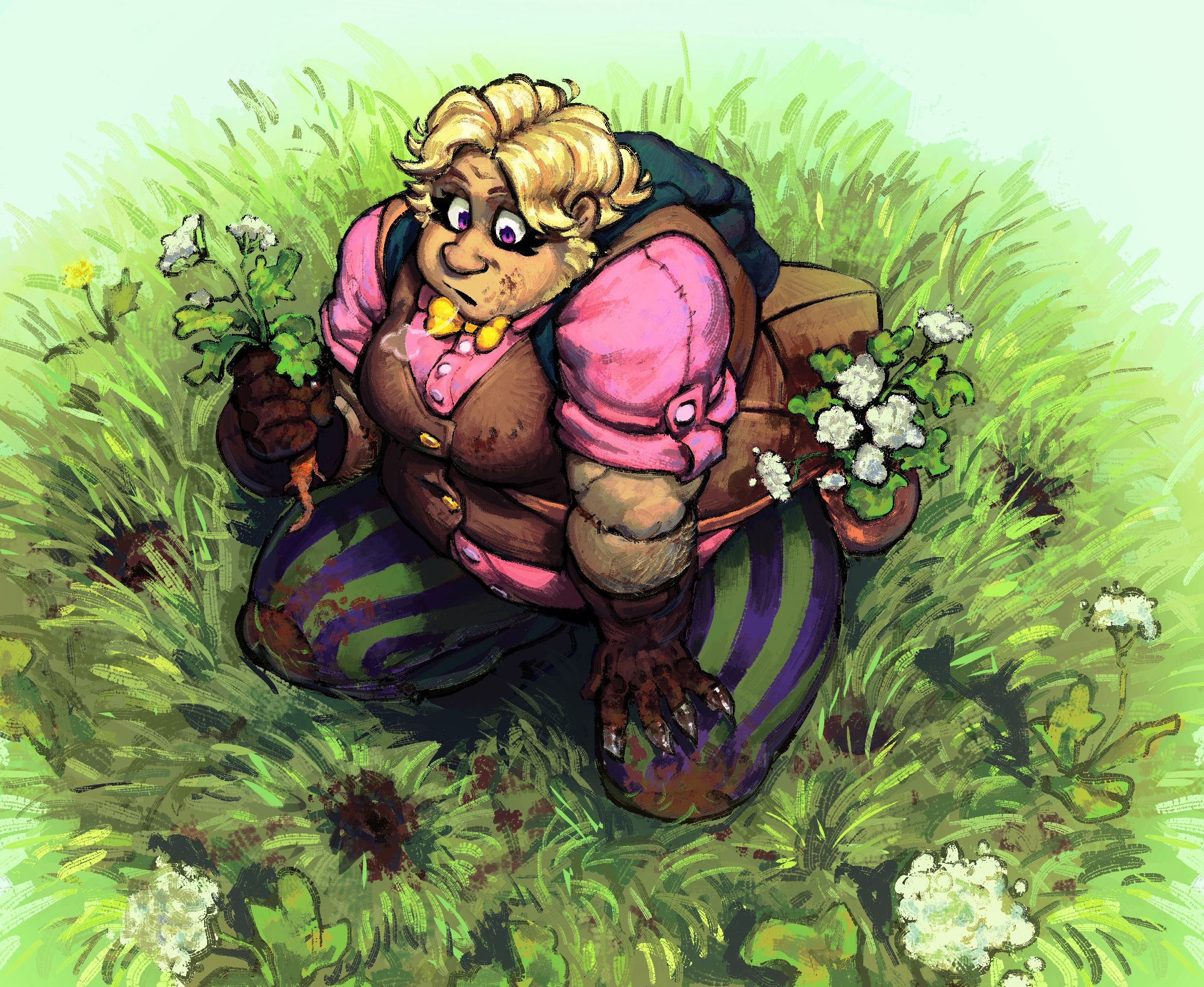 Digital drawing of Zedaph in his Create mod attire collecting wild carrots. He has dirt all over his knees, gloves and a bit on his face. He also has iron garden claws equipped. He is surrounded by more wild carrots on a lush green grass.