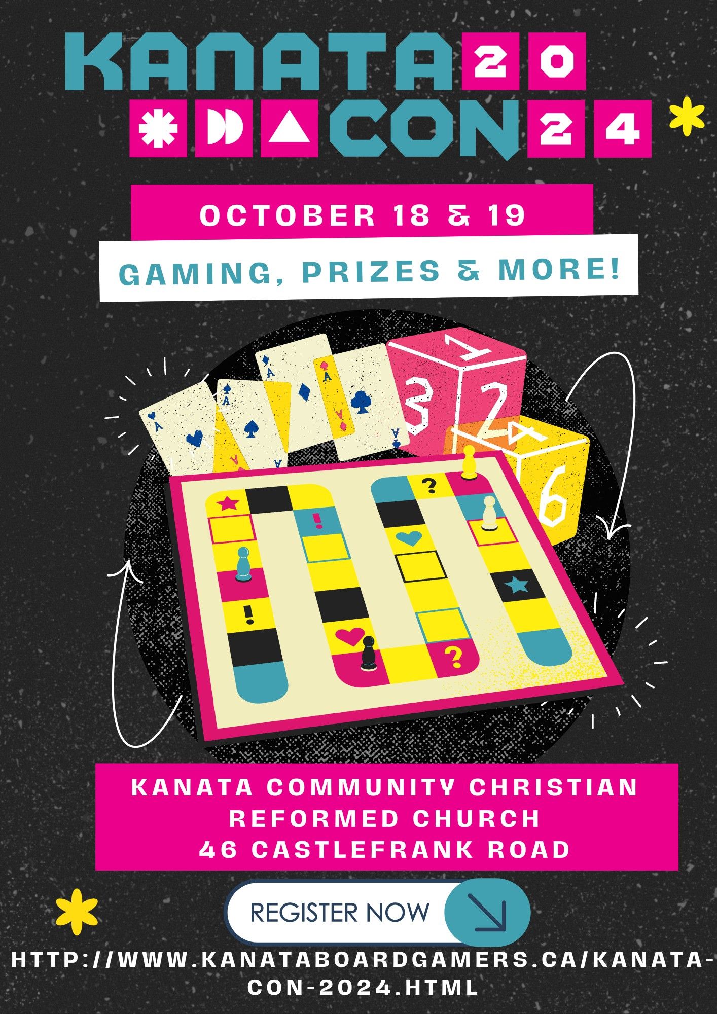 A poster for Kanata Con gaming convention which takes place on October 18 and 19. It is in Ottawa Ontario Canada at 46 Castle Frank Road. Registration is open now.