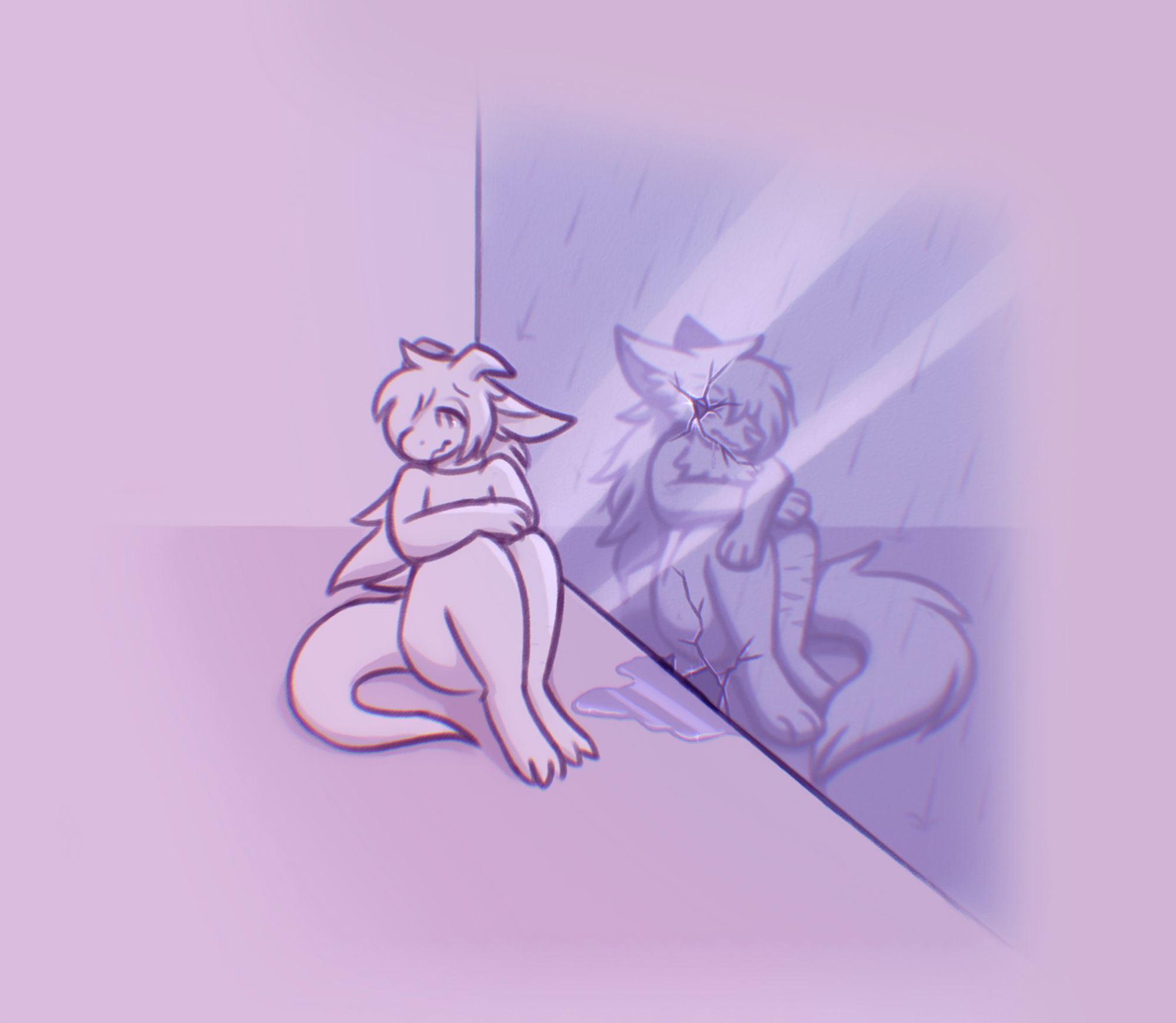 a kobold sitting down pensively. her reflection on the mirror seems to open up to a completely different place, where it is raining, and a fox lady mirrored to her silhouette is crying. some water seems to be leaking from a crack in the mirror.