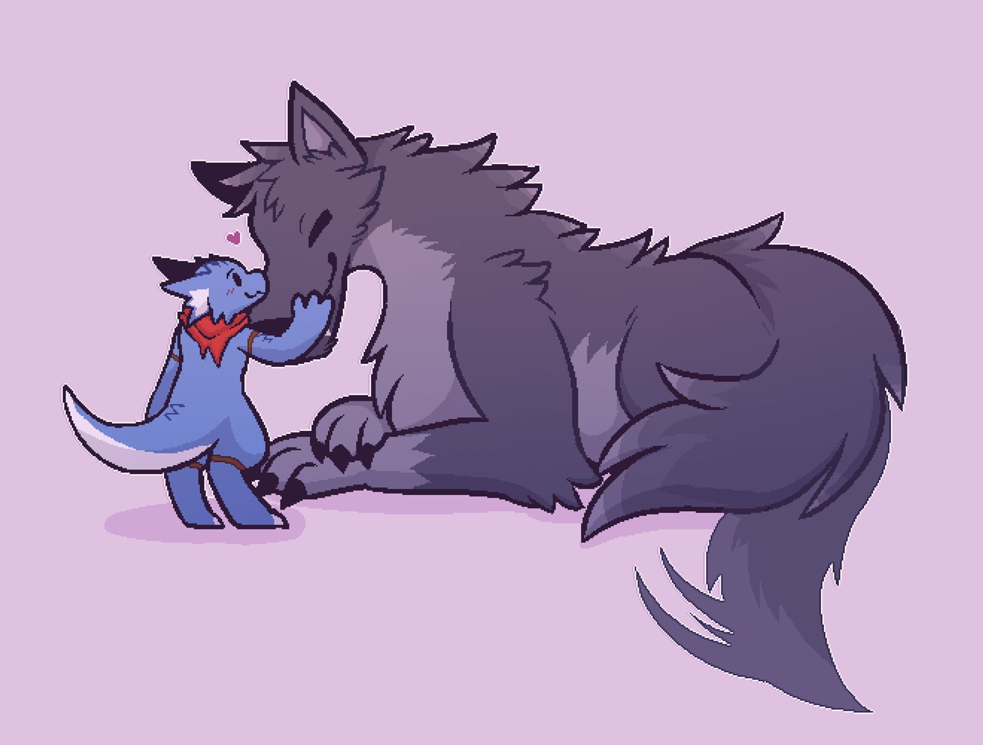 a blue kobold petting a big wolf