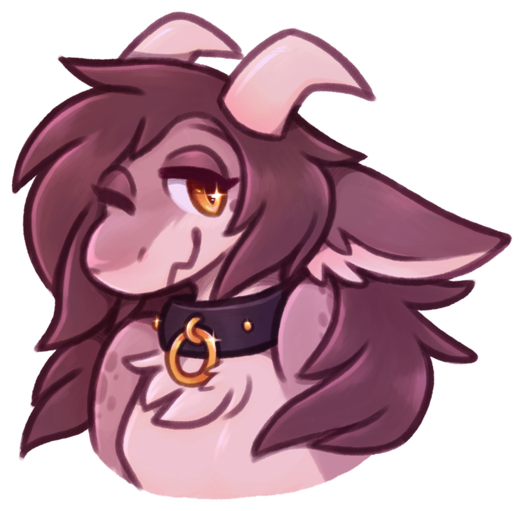 a bust drawing of my fursona, rena, a mauve kobold girl with golden eyes looking happily at the viewer