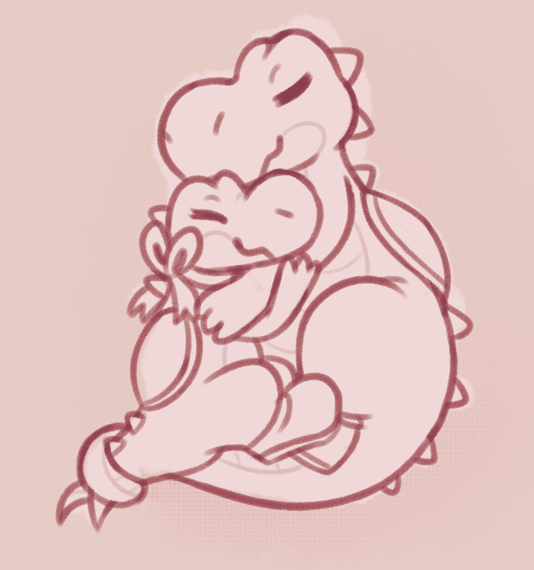 a yoshi with a pretty bow around her neck cozily snuggling a much bigger yoshi with a scaly underside and longer tail