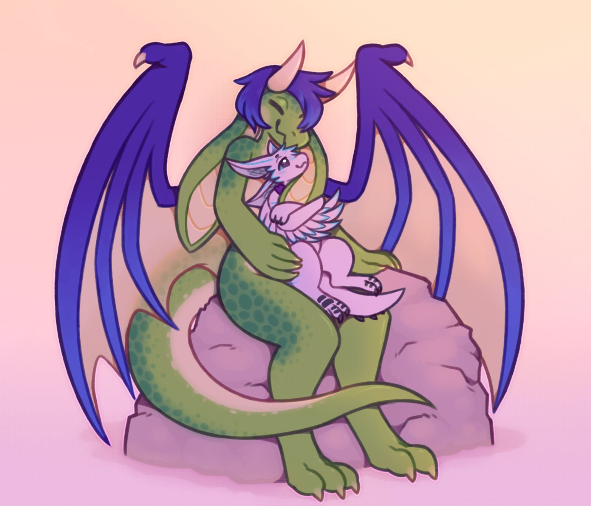 a green dragon (isyd) with pretty blue wings tenderly holding a small, white and cyan avali (river) in their lap, the avali is holding on to one of the dragon's big floppy ears