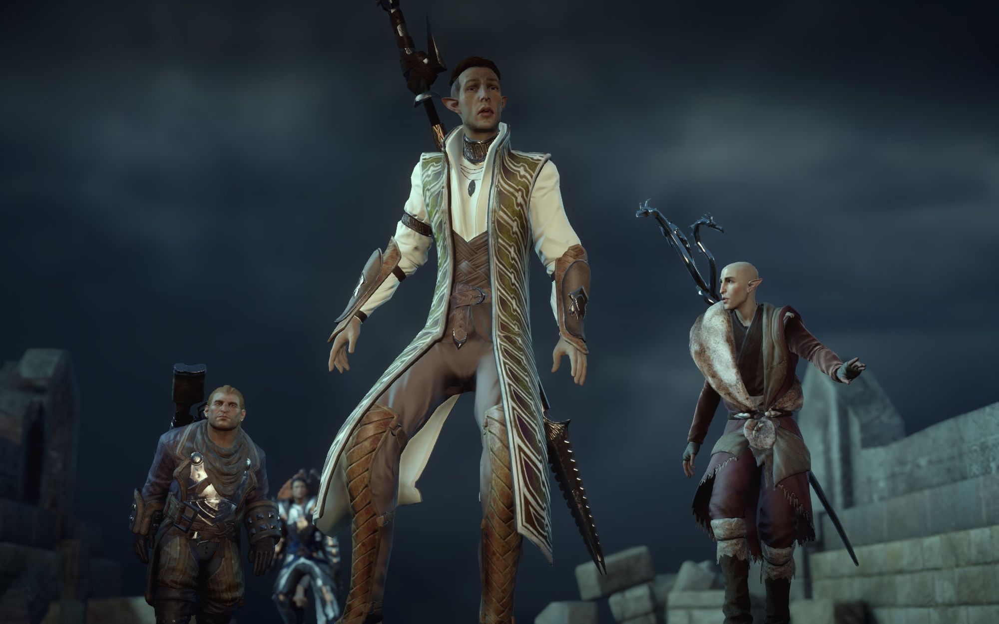 My Inquisitor Lavellan, Sarrel, at Adamant Fortress, Varric to his left, Cassandra behind him, Solas on his right, all watching Corypheus' dragon descend upon Commander Clarel, shocked expressions. ©AVM 2024