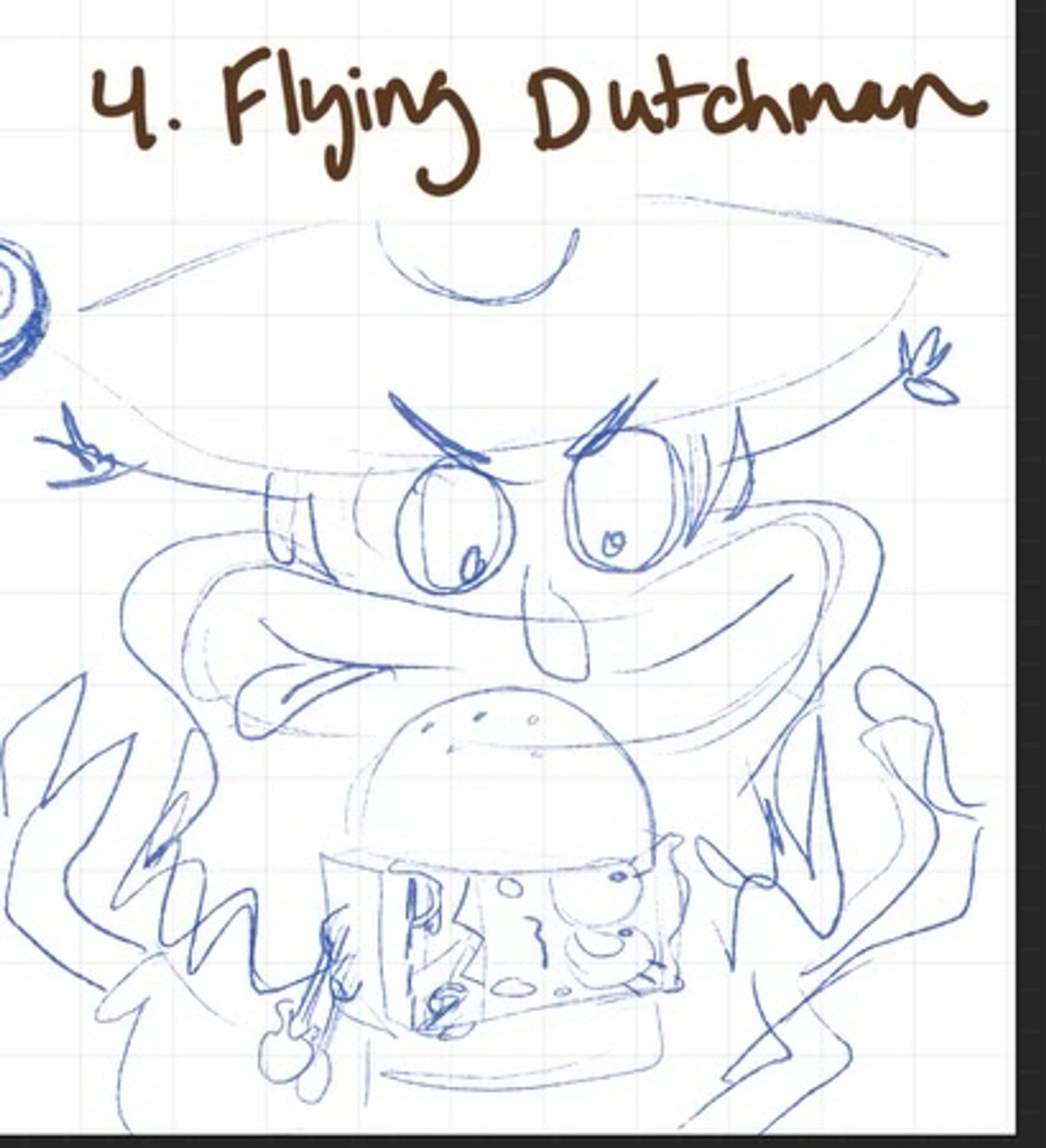 4. Flying Dutchman - a rough sketch of SpongeBob nervously acting as the filling of a krabby party. The Flying Dutchman looks over the meal with an ominous grin.