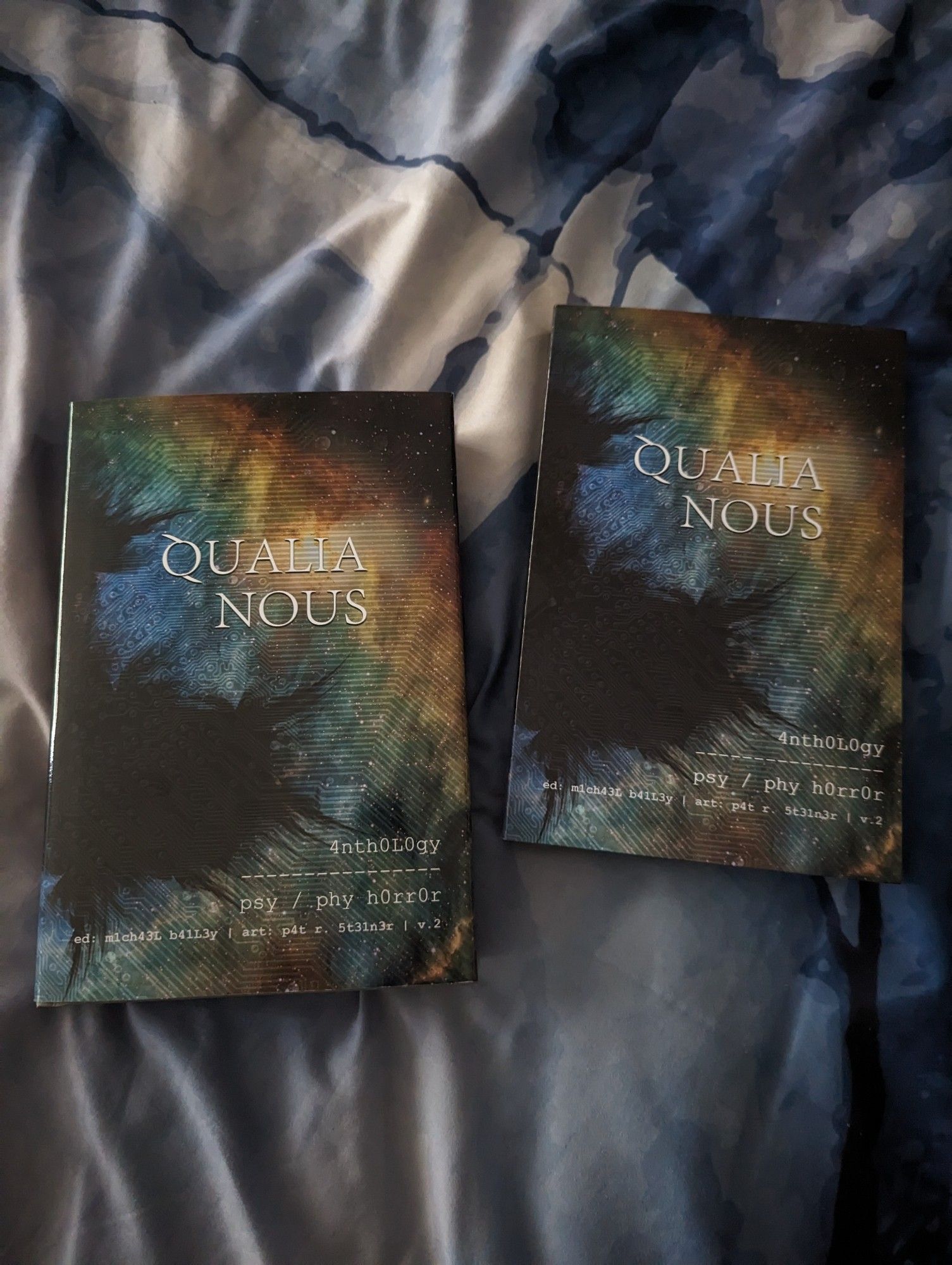 The abstract covers of the paperback and hardcover editions of the Qualia Nous 2 sci-fi horror anthology, in which horror author Michael J. Riser's short story "Lucid Interval" appears.