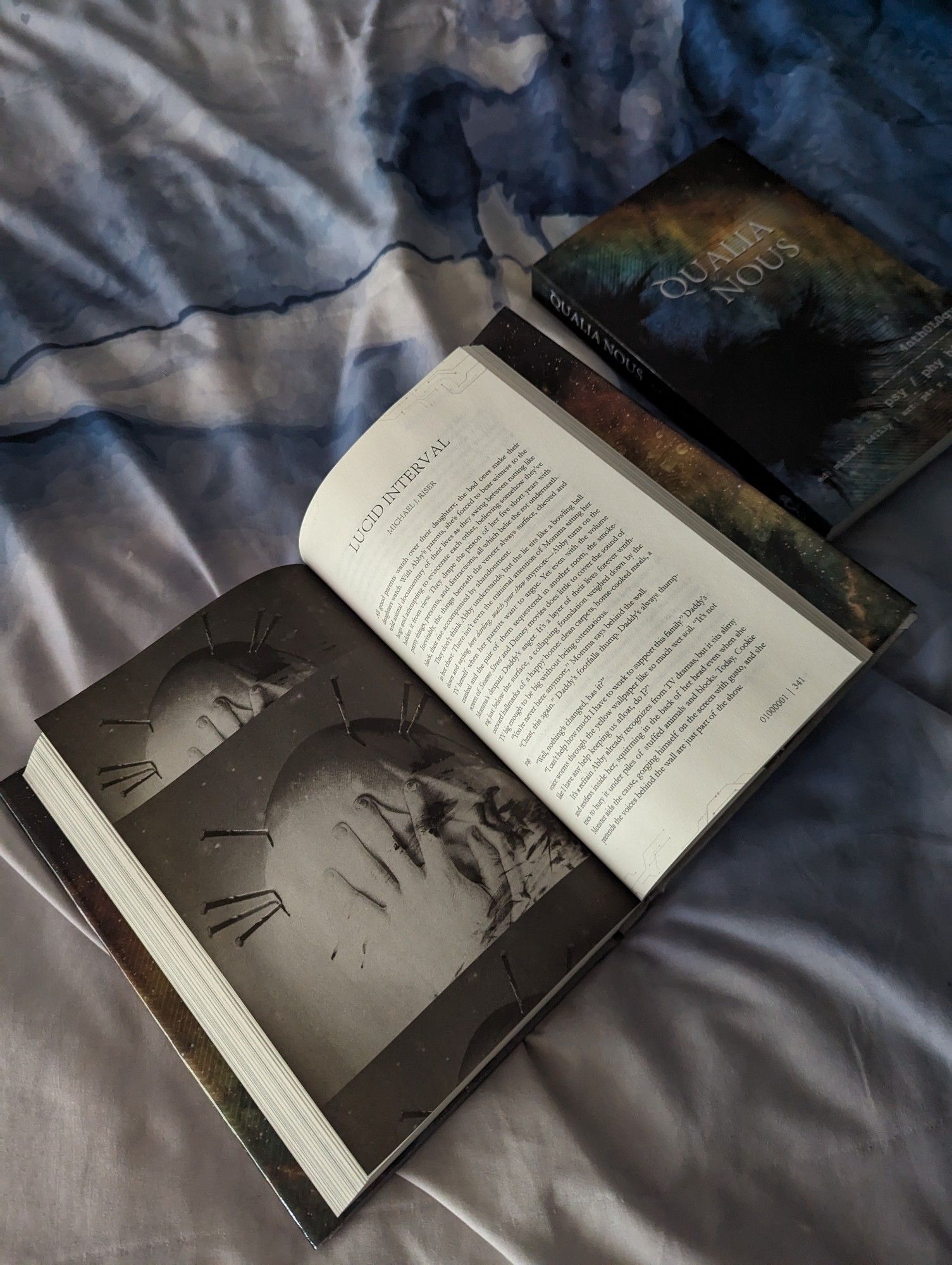 The hardcover edition of the Qualia Nous 2 sci-fi horror anthology, turned to the page where horror author Michael J. Riser's short story "Lucid Interval" appears. Next to it is an illustration for the story done by Pat R. Steiner, where a hand reaches out to touch a bandaged head with nails sticking out of its skull.