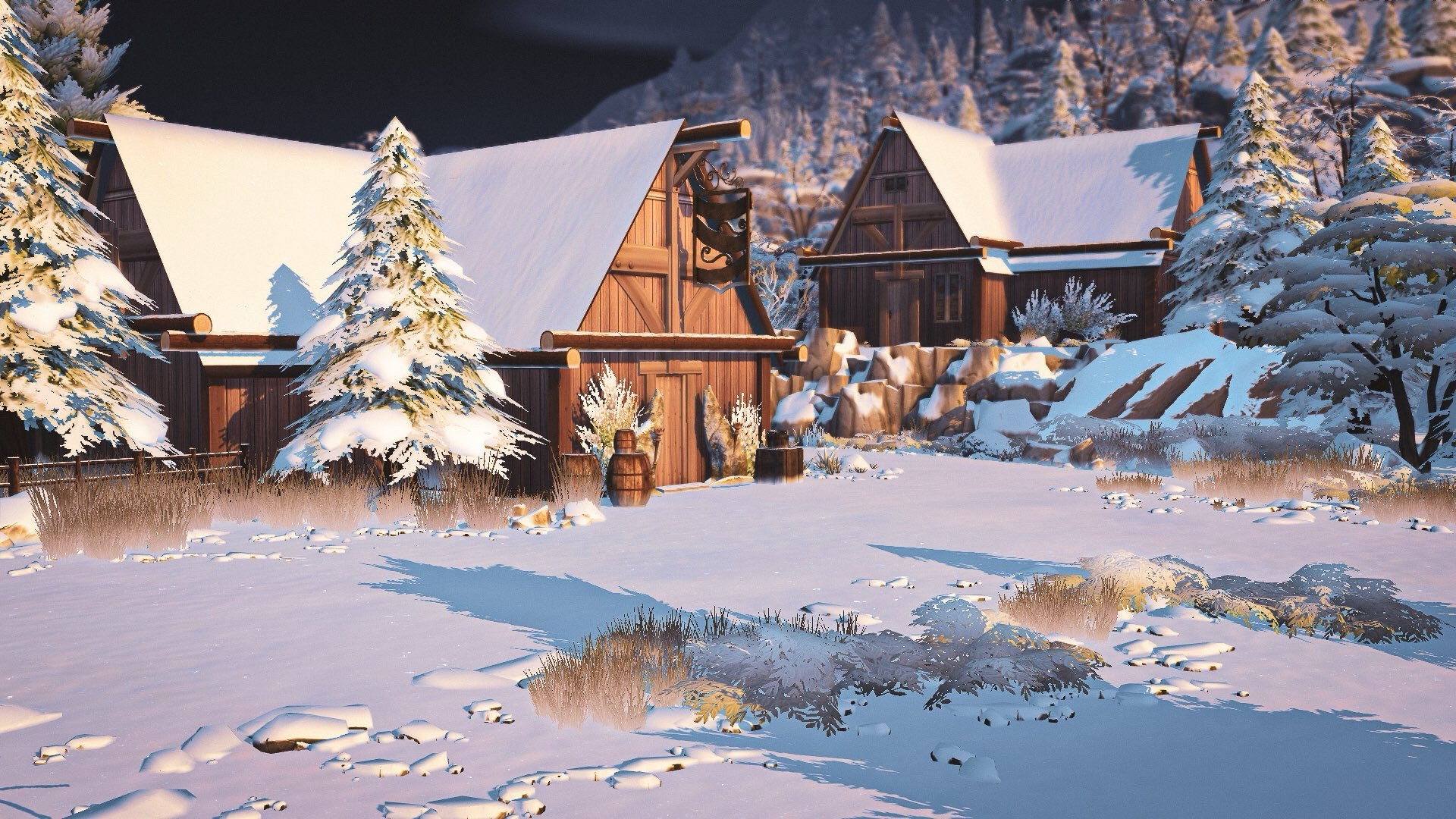 The wooden buildings and snow covered landscapes of Haven from Dragon Age: Inquisition