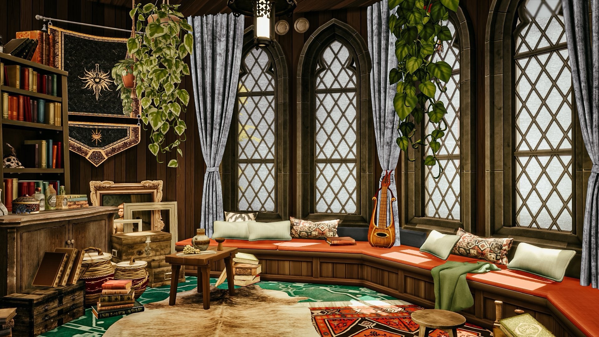 Recreation of Sera’s room at Skyhold in Dragon Age: Inquisition. Large lead- piped windows, curtains, window benches with red seats and pillow, a bookcase full of old tomes, a sheepskin rug and Inquisition banner on the wall. 