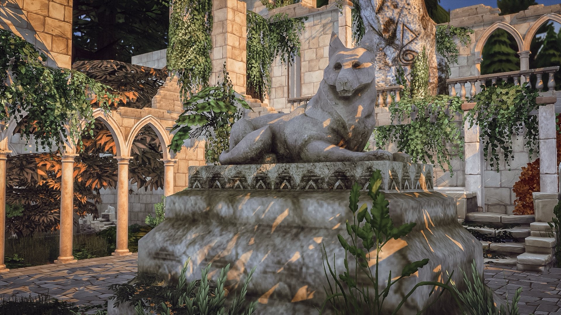 A Dreadwolf statue in the morning light amongst some Elven ruins. 