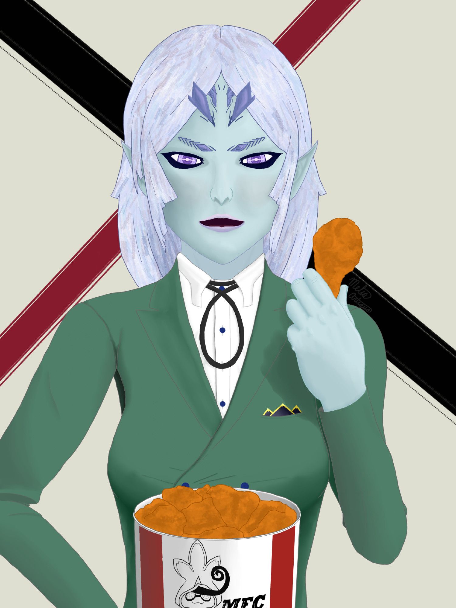 Original form Elma as Colonel Sanders in a Tatsu-green suit