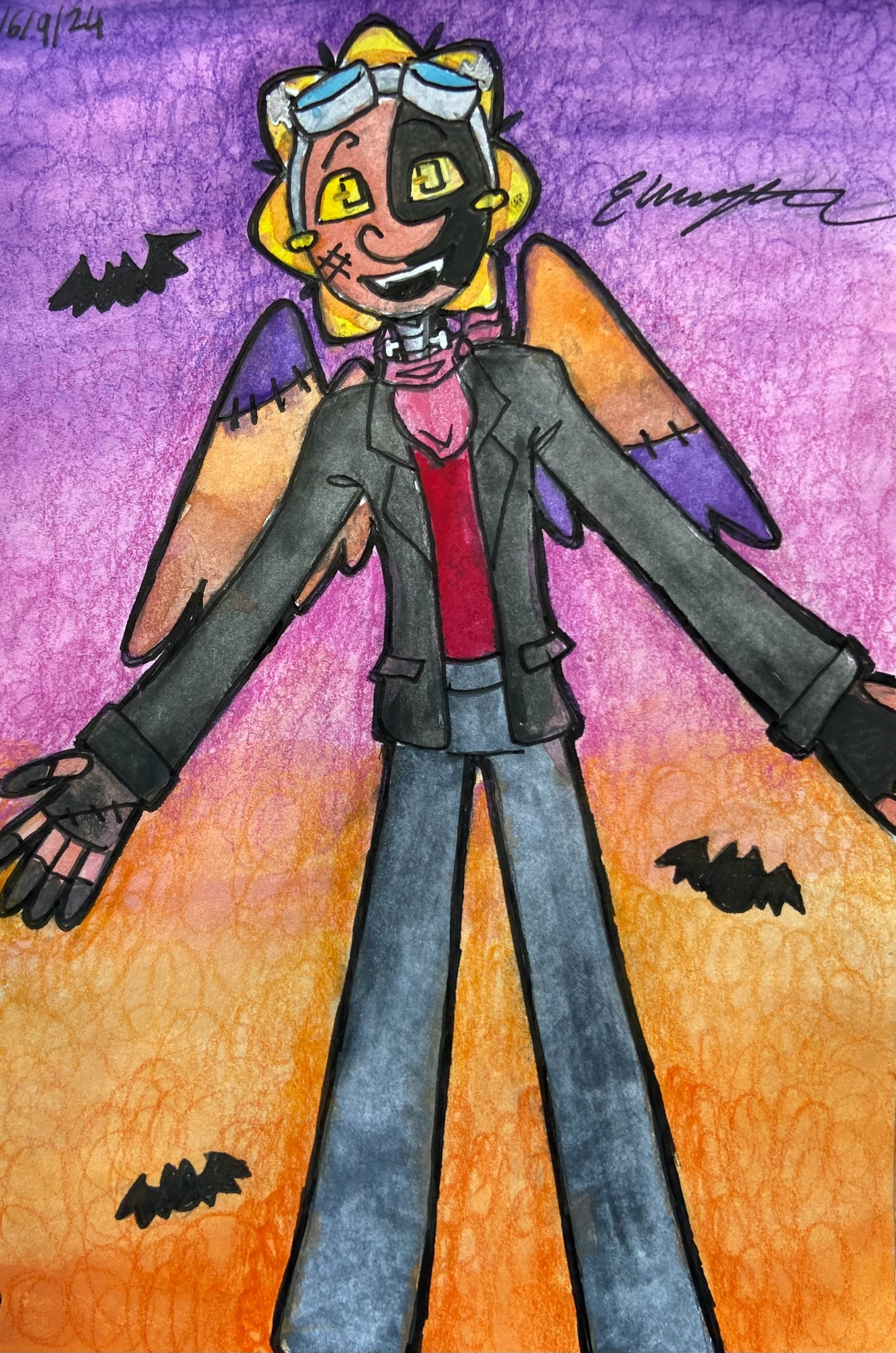 Solar dressed as Frankenstein’s monster with added wings with patch work and a red neckerchief as part of my interpretation of his design. His arms are outstretched as if to welcome to you to a Halloween party with a hug 

Two bats fly around him 