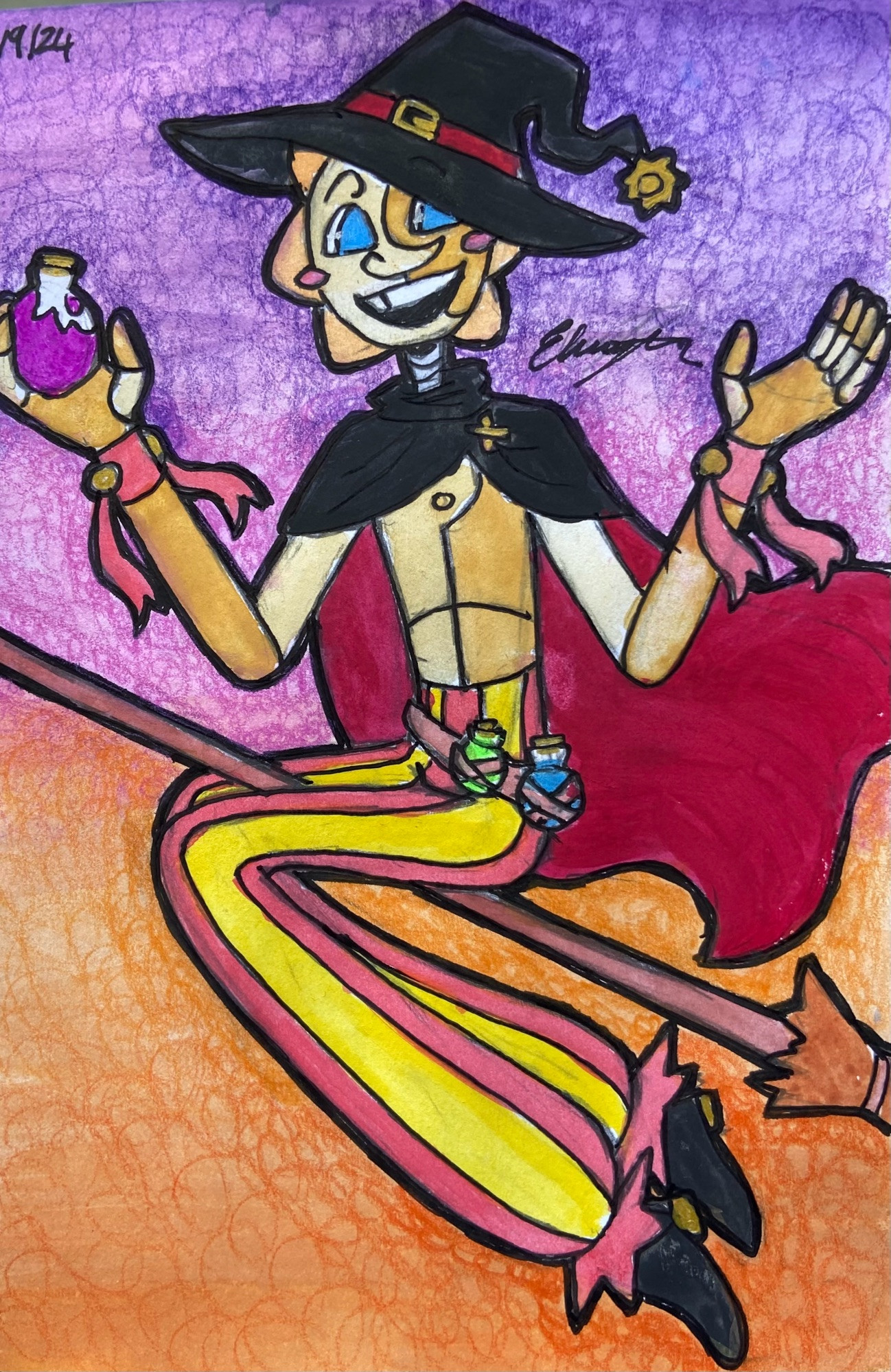 Finsihed drawing of sun from the sun and moon show dressed up as a Whitchurch on a broomstick. Holding a potion. 

The background is a simple gradient from dark purple to magenta to light and dark orange at the bottom 