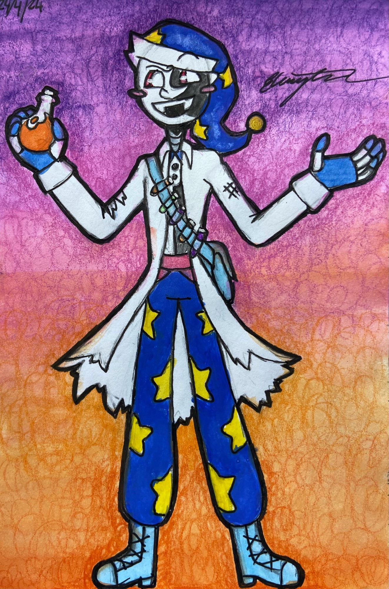 Moon form the sun and moon show dressed up as a mad scientist with a tattered lab coat and a messenger bag with vials of potions attached to the strap

He holds a bigger potion in his right hand 