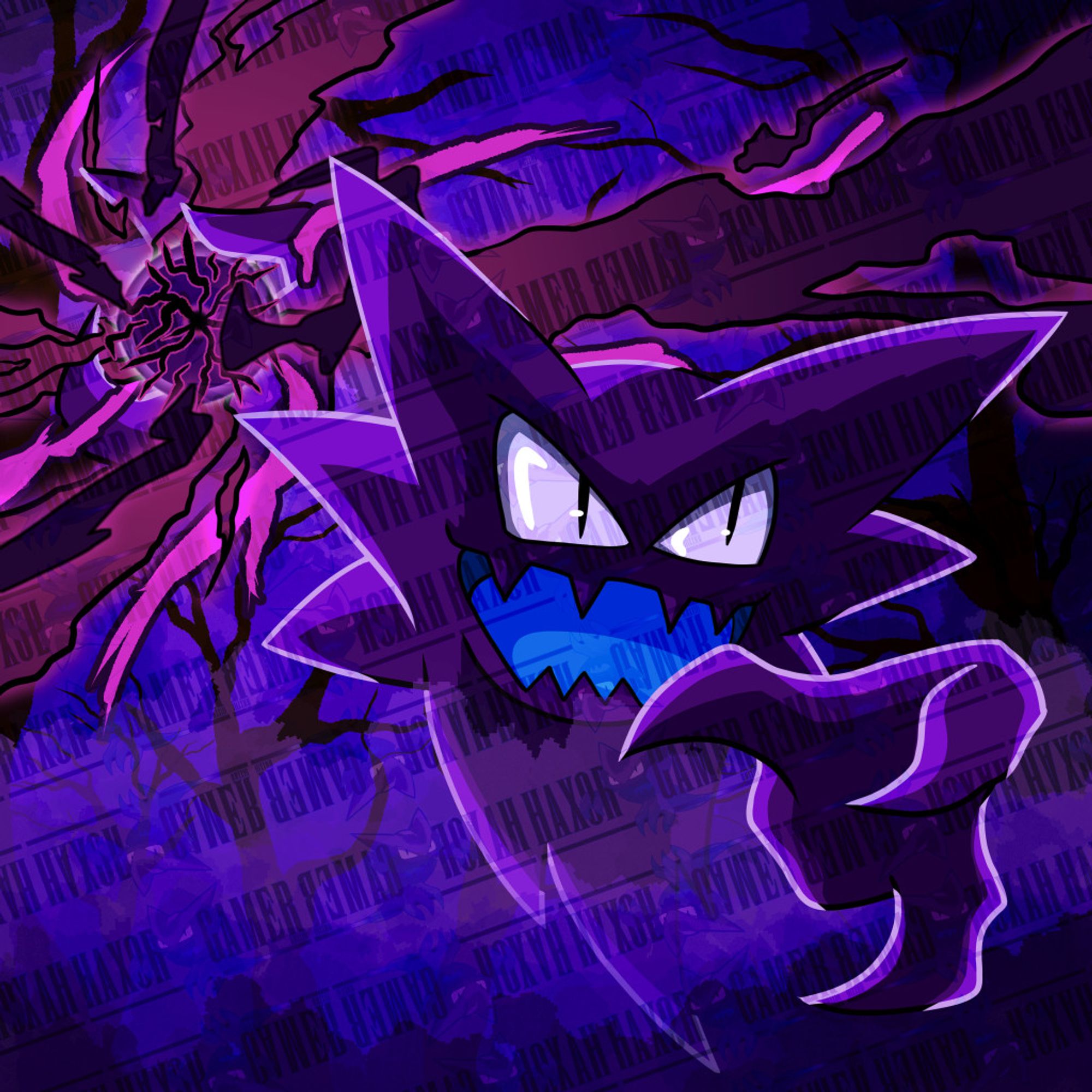 the pokemon Haunter using the move shadowball in a dark and foggy forest of dead trees